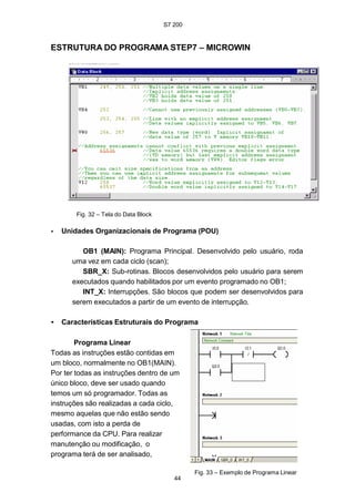 S7 200
44
ESTRUTURA DO PROGRAMA STEP7 – MICROWIN
Fig. 32 – Tela do Data Block
• Unidades Organizacionais de Programa (POU)
OB1 (MAIN): Programa Principal. Desenvolvido pelo usuário, roda
uma vez em cada ciclo (scan);
SBR_X: Sub-rotinas. Blocos desenvolvidos pelo usuário para serem
executados quando habilitados por um evento programado no OB1;
INT_X: Interrupções. São blocos que podem ser desenvolvidos para
serem executados a partir de um evento de interrupção.
• Características Estruturais do Programa
Programa Linear
Todas as instruções estão contidas em
um bloco, normalmente no OB1(MAIN).
Por ter todas as instruções dentro de um
único bloco, deve ser usado quando
temos um só programador. Todas as
instruções são realizadas a cada ciclo,
mesmo aquelas que não estão sendo
usadas, com isto a perda de
performance da CPU. Para realizar
manutenção ou modificação, o
programa terá de ser analisado,
Fig. 33 – Exemplo de Programa Linear
 