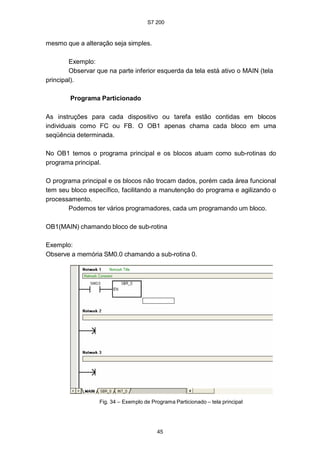 S7 200
45
mesmo que a alteração seja simples.
Exemplo:
Observar que na parte inferior esquerda da tela está ativo o MAIN (tela
principal).
Programa Particionado
As instruções para cada dispositivo ou tarefa estão contidas em blocos
individuais como FC ou FB. O OB1 apenas chama cada bloco em uma
seqüência determinada.
No OB1 temos o programa principal e os blocos atuam como sub-rotinas do
programa principal.
O programa principal e os blocos não trocam dados, porém cada área funcional
tem seu bloco específico, facilitando a manutenção do programa e agilizando o
processamento.
Podemos ter vários programadores, cada um programando um bloco.
OB1(MAIN) chamando bloco de sub-rotina
Exemplo:
Observe a memória SM0.0 chamando a sub-rotina 0.
Fig. 34 – Exemplo de Programa Particionado – tela principal
 