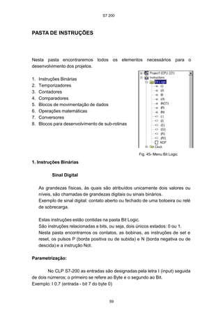 S7 200
59
PASTA DE INSTRUÇÕES
Nesta pasta encontraremos todos os elementos necessários para o
desenvolvimento dos projetos.
1. Instruções Binárias
2. Temporizadores
3. Contadores
4. Comparadores
5. Blocos de movimentação de dados
6. Operações matemáticas
7. Conversores
8. Blocos para desenvolvimento de sub-rotinas
1. Instruções Binárias
Sinal Digital
Fig. 45- Menu Bit Logic
As grandezas físicas, às quais são atribuídos unicamente dois valores ou
níveis, são chamadas de grandezas digitais ou sinais binários.
Exemplo de sinal digital: contato aberto ou fechado de uma botoeira ou relé
de sobrecarga.
Estas instruções estão contidas na pasta Bit Logic.
São instruções relacionadas a bits, ou seja, dois únicos estados: 0 ou 1.
Nesta pasta encontramos os contatos, as bobinas, as instruções de set e
reset, os pulsos P (borda positiva ou de subida) e N (borda negativa ou de
descida) e a instrução Not.
Parametrização:
No CLP S7-200 as entradas são designadas pela letra I (input) seguida
de dois números; o primeiro se refere ao Byte e o segundo ao Bit.
Exemplo: I 0.7 (entrada - bit 7 do byte 0)
 