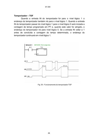 S7 200
66
Temporizador – TOF
Quando a entrada IN do temporizador for para o nível lógico 1 o
endereço do temporizador também irá para o nível lógico 1. Quando a entrada
IN do temporizador passar do nível lógico 1 para o nível lógico 0 será iniciada a
contagem de tempo programado em PT e, quando este valor for atingido, o
endereço do temporizador irá para nível lógico 0. Se a entrada IN voltar a 1
antes de concluída a contagem do tempo determinado, o endereço do
temporizador continuará em nível lógico 1.
Fig. 55 - Funcionamento do temporizador TOF
 