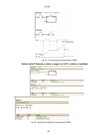 S7 200
68
Fig. 57 - Funcionamento do temporizador TONR
Vamos testar? Execute a rotina a seguir no CLP e analise o resultado
Fig. 58 - Exemplo de utilização do temporizador TONR
S7 200
68
Fig. 57 - Funcionamento do temporizador TONR
Vamos testar? Execute a rotina a seguir no CLP e analise o resultado
Fig. 58 - Exemplo de utilização do temporizador TONR
S7 200
68
Fig. 57 - Funcionamento do temporizador TONR
Vamos testar? Execute a rotina a seguir no CLP e analise o resultado
Fig. 58 - Exemplo de utilização do temporizador TONR
 