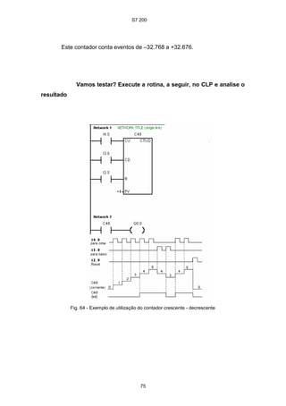 S7 200
75
Este contador conta eventos de –32.768 a +32.676.
Vamos testar? Execute a rotina, a seguir, no CLP e analise o
resultado
Fig. 64 - Exemplo de utilização do contador crescente - decrescente
 