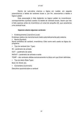 S7 200
87
Dentro da sub-rotina criamos a lógica em Ladder, em seguida
preenchemos a tabela de variáveis locais e, por fim, associamos a tabela à
lógica Ladder.
Esta associação é feita digitando na lógica Ladder os mnemônicos
correspondentes (symbol) usados na tabela de variáveis locais. Assim que isto
é feito aparece antes do mnemônico um sinal de cerquilha (#), que caracteriza
uma variável local.
Vejamos abaixo algumas variáveis:
• Endereçamento Local (End.Local):
Endereço relativo da memória local criado automaticamente pelo sistema.
• Nome (Symbol):
Nome simbólico da variável, mnemônico. Este nome será usado na lógica do
programa.
• Tipo da variável (Var. Type):
IN – parâmetro de entrada
OUT – parâmetro de saída
IN/OUT – parâmetro de entrada e saída
TEMP – são variáveis válidas exclusivamente no bloco em que foram definidas.
• Tipo do dado (Data Type)
Bool; Int; Word; etc.
• Comentário (Comment):
Descritivo opcional sobre a variável
 