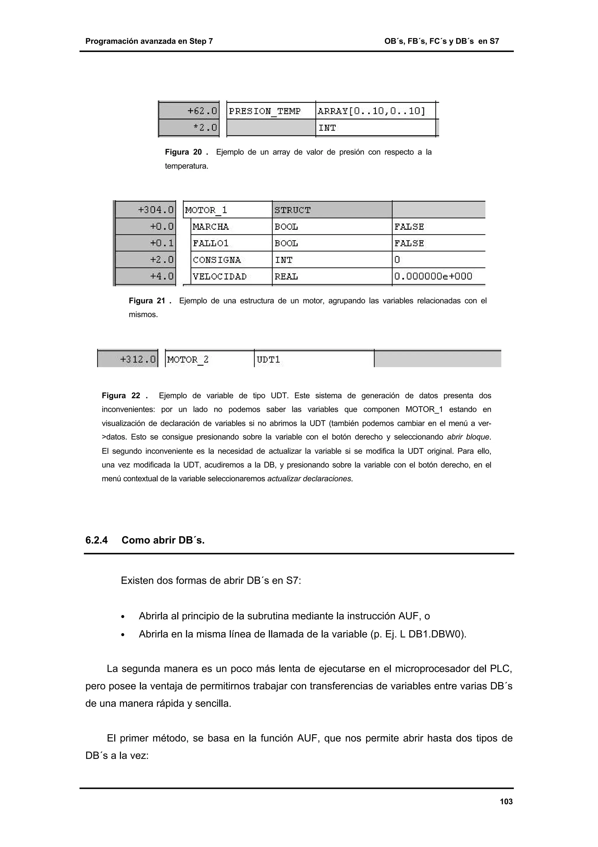 Programación avanzada en Step 7

Figura 20 .

OB´s, FB´s, FC´s y DB´s en S7

Ejemplo de un array de valor de presión con respecto a la

temperatura.

Figura 21 . Ejemplo de una estructura de un motor, agrupando las variables relacionadas con el
mismos.

Figura 22 .

Ejemplo de variable de tipo UDT. Este sistema de generación de datos presenta dos

inconvenientes: por un lado no podemos saber las variables que componen MOTOR_1 estando en
visualización de declaración de variables si no abrimos la UDT (también podemos cambiar en el menú a ver>datos. Esto se consigue presionando sobre la variable con el botón derecho y seleccionando abrir bloque.
El segundo inconveniente es la necesidad de actualizar la variable si se modifica la UDT original. Para ello,
una vez modificada la UDT, acudiremos a la DB, y presionando sobre la variable con el botón derecho, en el
menú contextual de la variable seleccionaremos actualizar declaraciones.

6.2.4

Como abrir DB´s.

Existen dos formas de abrir DB´s en S7:
•

Abrirla al principio de la subrutina mediante la instrucción AUF, o

•

Abrirla en la misma línea de llamada de la variable (p. Ej. L DB1.DBW0).

La segunda manera es un poco más lenta de ejecutarse en el microprocesador del PLC,
pero posee la ventaja de permitirnos trabajar con transferencias de variables entre varias DB´s
de una manera rápida y sencilla.

El primer método, se basa en la función AUF, que nos permite abrir hasta dos tipos de
DB´s a la vez:

103

 