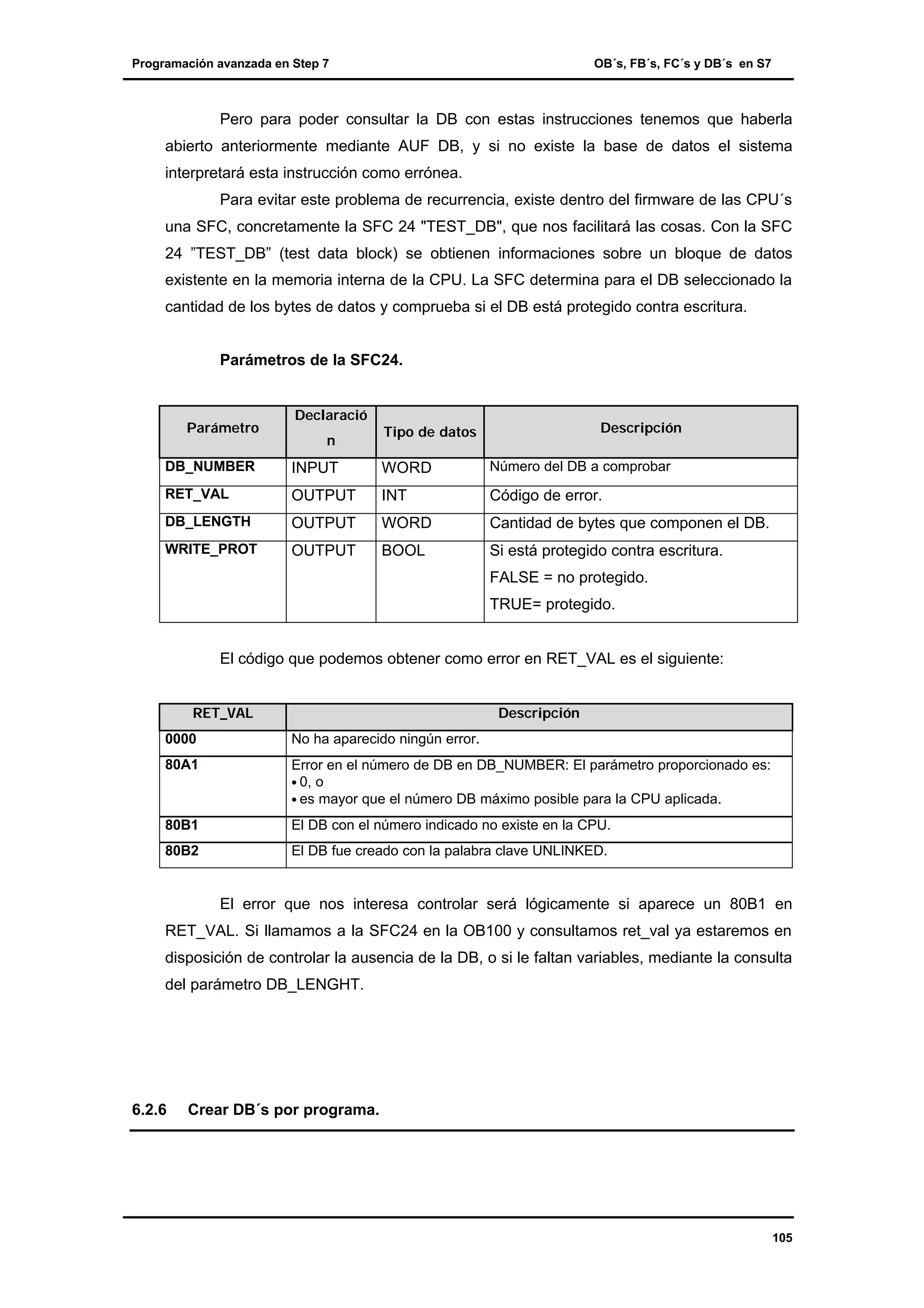 Programación avanzada en Step 7

OB´s, FB´s, FC´s y DB´s en S7

Pero para poder consultar la DB con estas instrucciones tenemos que haberla
abierto anteriormente mediante AUF DB, y si no existe la base de datos el sistema
interpretará esta instrucción como errónea.
Para evitar este problema de recurrencia, existe dentro del firmware de las CPU´s
una SFC, concretamente la SFC 24 "TEST_DB", que nos facilitará las cosas. Con la SFC
24 ”TEST_DB” (test data block) se obtienen informaciones sobre un bloque de datos
existente en la memoria interna de la CPU. La SFC determina para el DB seleccionado la
cantidad de los bytes de datos y comprueba si el DB está protegido contra escritura.
Parámetros de la SFC24.

Parámetro

Declaració
n

Descripción

Tipo de datos

DB_NUMBER

INPUT

WORD

Número del DB a comprobar

RET_VAL

OUTPUT

INT

Código de error.

DB_LENGTH

OUTPUT

WORD

Cantidad de bytes que componen el DB.

WRITE_PROT

OUTPUT

BOOL

Si está protegido contra escritura.
FALSE = no protegido.
TRUE= protegido.

El código que podemos obtener como error en RET_VAL es el siguiente:
RET_VAL

Descripción

0000

No ha aparecido ningún error.

80A1

Error en el número de DB en DB_NUMBER: El parámetro proporcionado es:
• 0, o
• es mayor que el número DB máximo posible para la CPU aplicada.

80B1

El DB con el número indicado no existe en la CPU.

80B2

El DB fue creado con la palabra clave UNLINKED.

El error que nos interesa controlar será lógicamente si aparece un 80B1 en
RET_VAL. Si llamamos a la SFC24 en la OB100 y consultamos ret_val ya estaremos en
disposición de controlar la ausencia de la DB, o si le faltan variables, mediante la consulta
del parámetro DB_LENGHT.

6.2.6

Crear DB´s por programa.

105

 