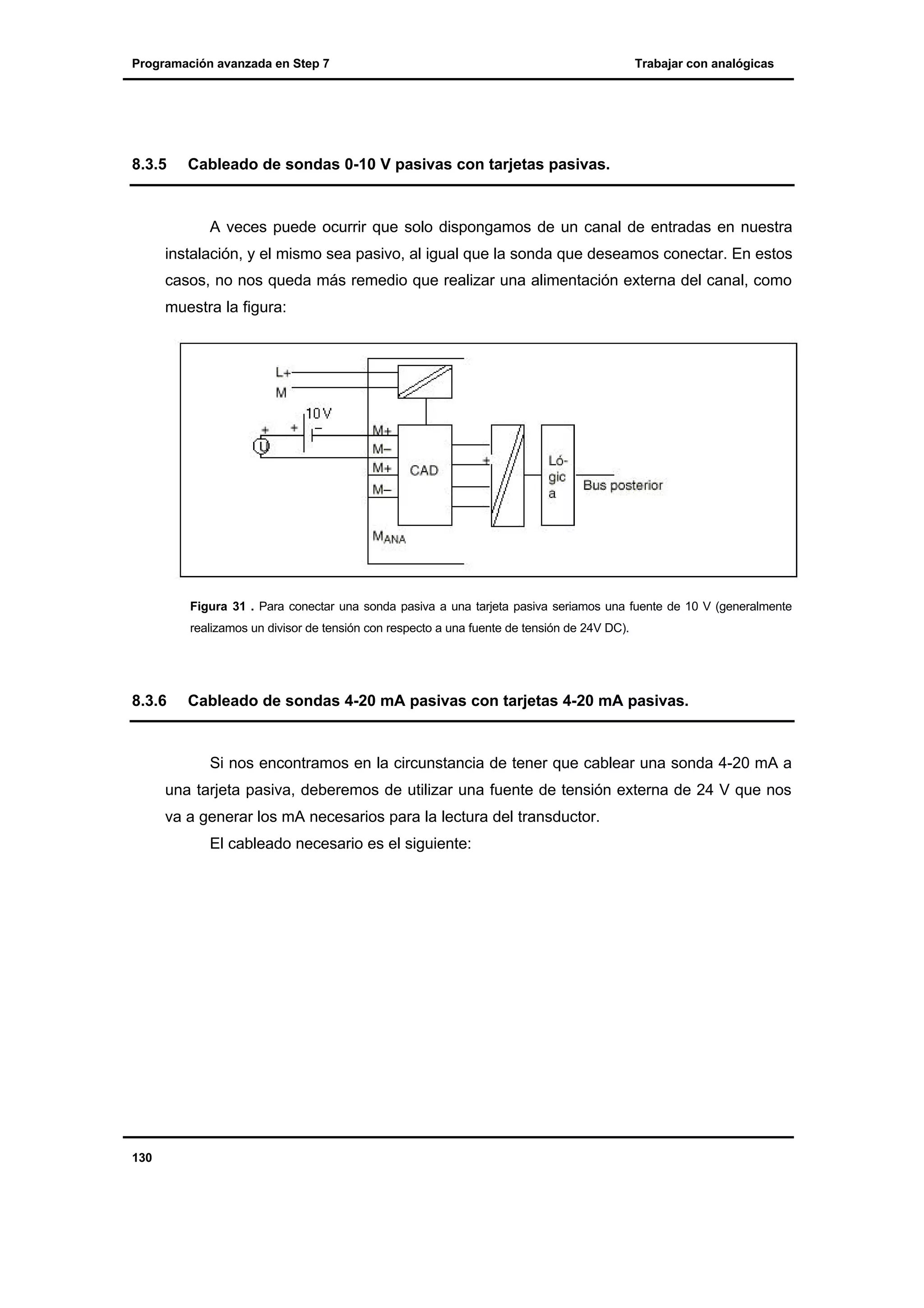 Programación avanzada en Step 7

8.3.5

Trabajar con analógicas

Cableado de sondas 0-10 V pasivas con tarjetas pasivas.

A veces puede ocurrir que solo dispongamos de un canal de entradas en nuestra
instalación, y el mismo sea pasivo, al igual que la sonda que deseamos conectar. En estos
casos, no nos queda más remedio que realizar una alimentación externa del canal, como
muestra la figura:

Figura 31 . Para conectar una sonda pasiva a una tarjeta pasiva seriamos una fuente de 10 V (generalmente
realizamos un divisor de tensión con respecto a una fuente de tensión de 24V DC).

8.3.6

Cableado de sondas 4-20 mA pasivas con tarjetas 4-20 mA pasivas.

Si nos encontramos en la circunstancia de tener que cablear una sonda 4-20 mA a
una tarjeta pasiva, deberemos de utilizar una fuente de tensión externa de 24 V que nos
va a generar los mA necesarios para la lectura del transductor.
El cableado necesario es el siguiente:

130

 