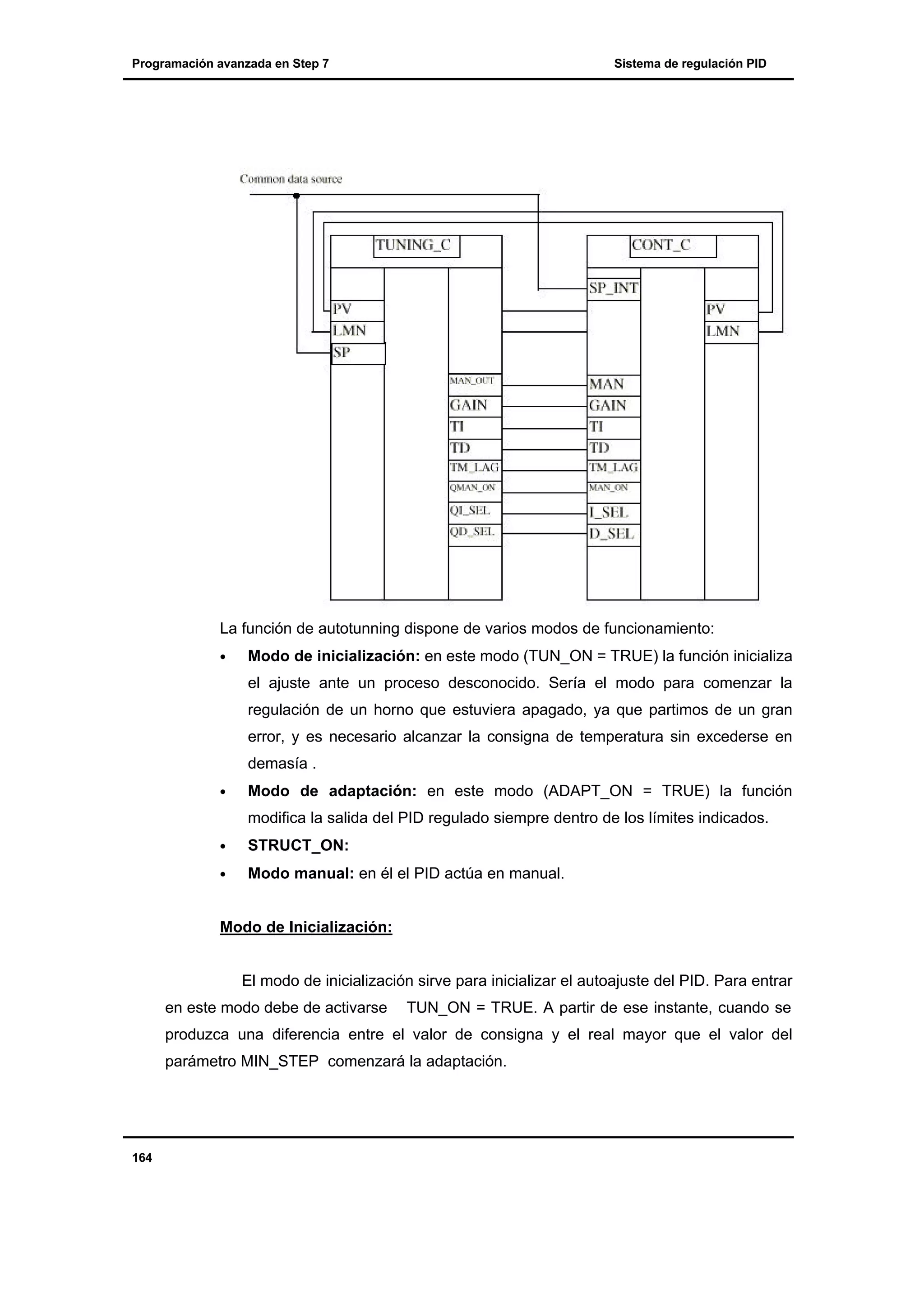 Programación avanzada en Step 7

Sistema de regulación PID

La función de autotunning dispone de varios modos de funcionamiento:
•

Modo de inicialización: en este modo (TUN_ON = TRUE) la función inicializa
el ajuste ante un proceso desconocido. Sería el modo para comenzar la
regulación de un horno que estuviera apagado, ya que partimos de un gran
error, y es necesario alcanzar la consigna de temperatura sin excederse en
demasía .

•

Modo de adaptación: en este modo (ADAPT_ON = TRUE) la función
modifica la salida del PID regulado siempre dentro de los límites indicados.

•

STRUCT_ON:

•

Modo manual: en él el PID actúa en manual.

Modo de Inicialización:

El modo de inicialización sirve para inicializar el autoajuste del PID. Para entrar
en este modo debe de activarse

TUN_ON = TRUE. A partir de ese instante, cuando se

produzca una diferencia entre el valor de consigna y el real mayor que el valor del
parámetro MIN_STEP comenzará la adaptación.

164

 
