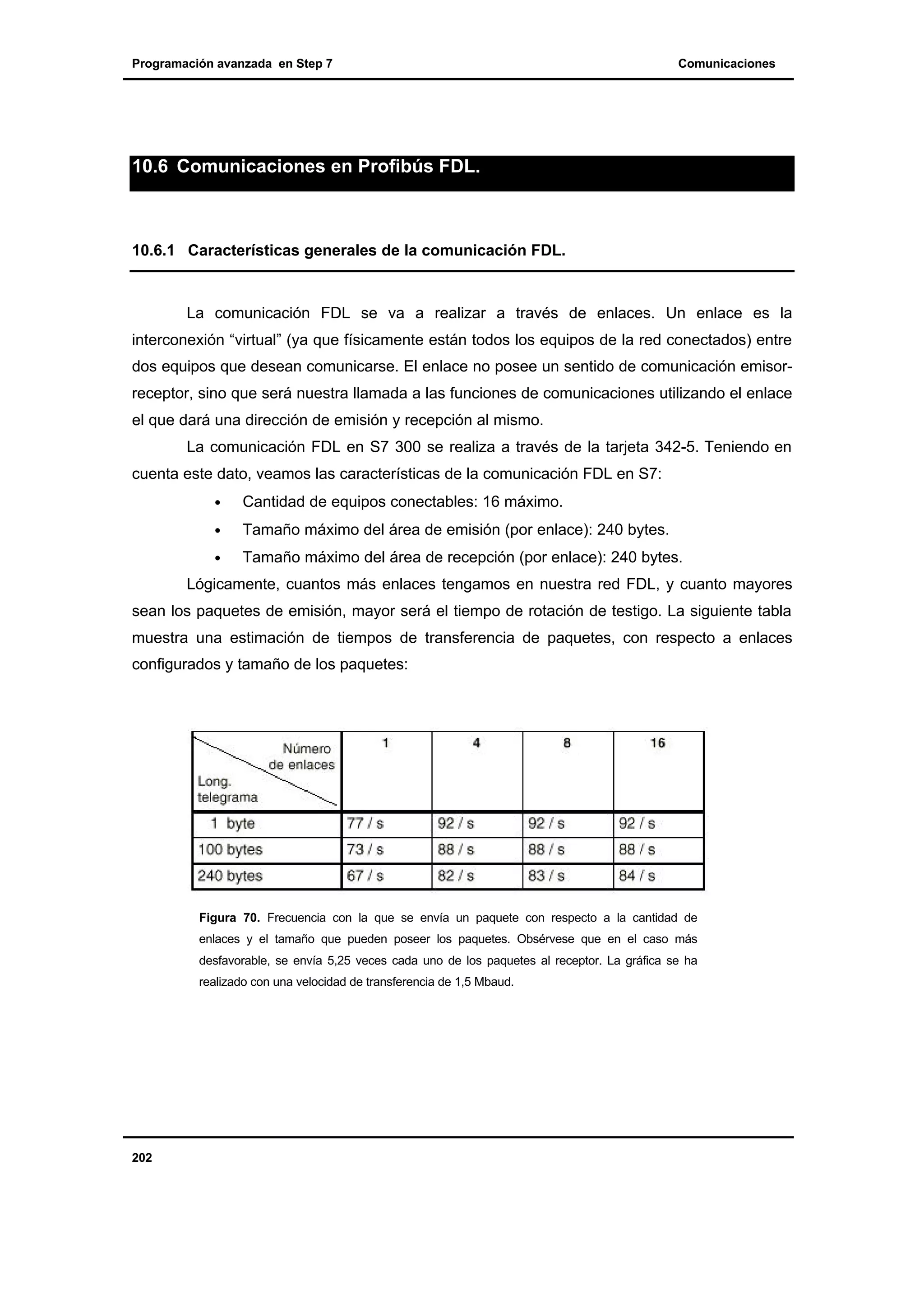 Programación avanzada en Step 7

Comunicaciones

10.6 Comunicaciones en Profibús FDL.

10.6.1 Características generales de la comunicación FDL.

La comunicación FDL se va a realizar a través de enlaces. Un enlace es la
interconexión “virtual” (ya que físicamente están todos los equipos de la red conectados) entre
dos equipos que desean comunicarse. El enlace no posee un sentido de comunicación emisorreceptor, sino que será nuestra llamada a las funciones de comunicaciones utilizando el enlace
el que dará una dirección de emisión y recepción al mismo.
La comunicación FDL en S7 300 se realiza a través de la tarjeta 342-5. Teniendo en
cuenta este dato, veamos las características de la comunicación FDL en S7:
•

Cantidad de equipos conectables: 16 máximo.

•

Tamaño máximo del área de emisión (por enlace): 240 bytes.

•

Tamaño máximo del área de recepción (por enlace): 240 bytes.

Lógicamente, cuantos más enlaces tengamos en nuestra red FDL, y cuanto mayores
sean los paquetes de emisión, mayor será el tiempo de rotación de testigo. La siguiente tabla
muestra una estimación de tiempos de transferencia de paquetes, con respecto a enlaces
configurados y tamaño de los paquetes:

Figura 70. Frecuencia con la que se envía un paquete con respecto a la cantidad de
enlaces y el tamaño que pueden poseer los paquetes. Obsérvese que en el caso más
desfavorable, se envía 5,25 veces cada uno de los paquetes al receptor. La gráfica se ha
realizado con una velocidad de transferencia de 1,5 Mbaud.

202

 