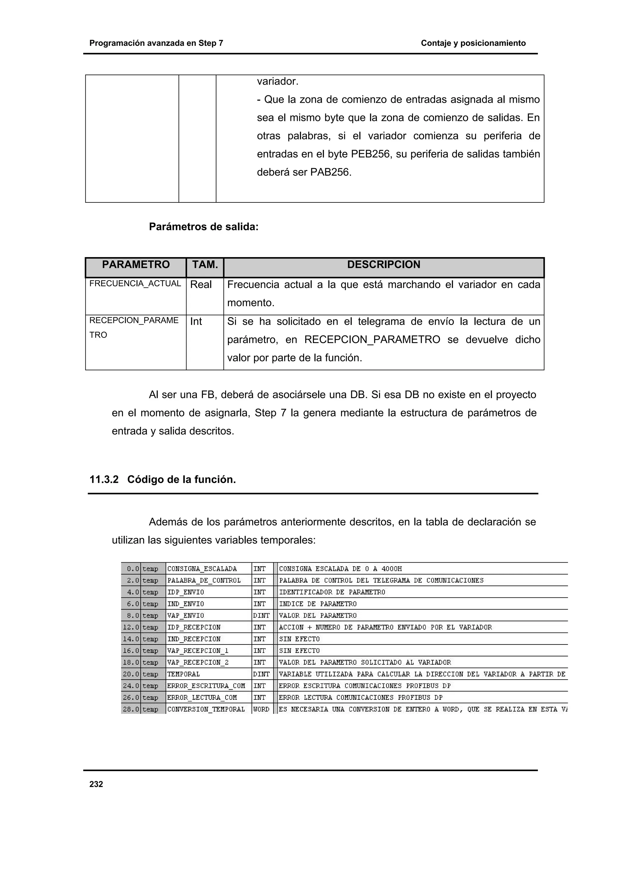 Programación avanzada en Step 7

Contaje y posicionamiento

variador.
- Que la zona de comienzo de entradas asignada al mismo
sea el mismo byte que la zona de comienzo de salidas. En
otras palabras, si el variador comienza su periferia de
entradas en el byte PEB256, su periferia de salidas también
deberá ser PAB256.

Parámetros de salida:

PARAMETRO
FRECUENCIA_ACTUAL

TAM.
Real

DESCRIPCION
Frecuencia actual a la que está marchando el variador en cada
momento.

RECEPCION_PARAME
TRO

Int

Si se ha solicitado en el telegrama de envío la lectura de un
parámetro, en RECEPCION_PARAMETRO se devuelve dicho
valor por parte de la función.

Al ser una FB, deberá de asociársele una DB. Si esa DB no existe en el proyecto
en el momento de asignarla, Step 7 la genera mediante la estructura de parámetros de
entrada y salida descritos.

11.3.2 Código de la función.

Además de los parámetros anteriormente descritos, en la tabla de declaración se
utilizan las siguientes variables temporales:

232

 