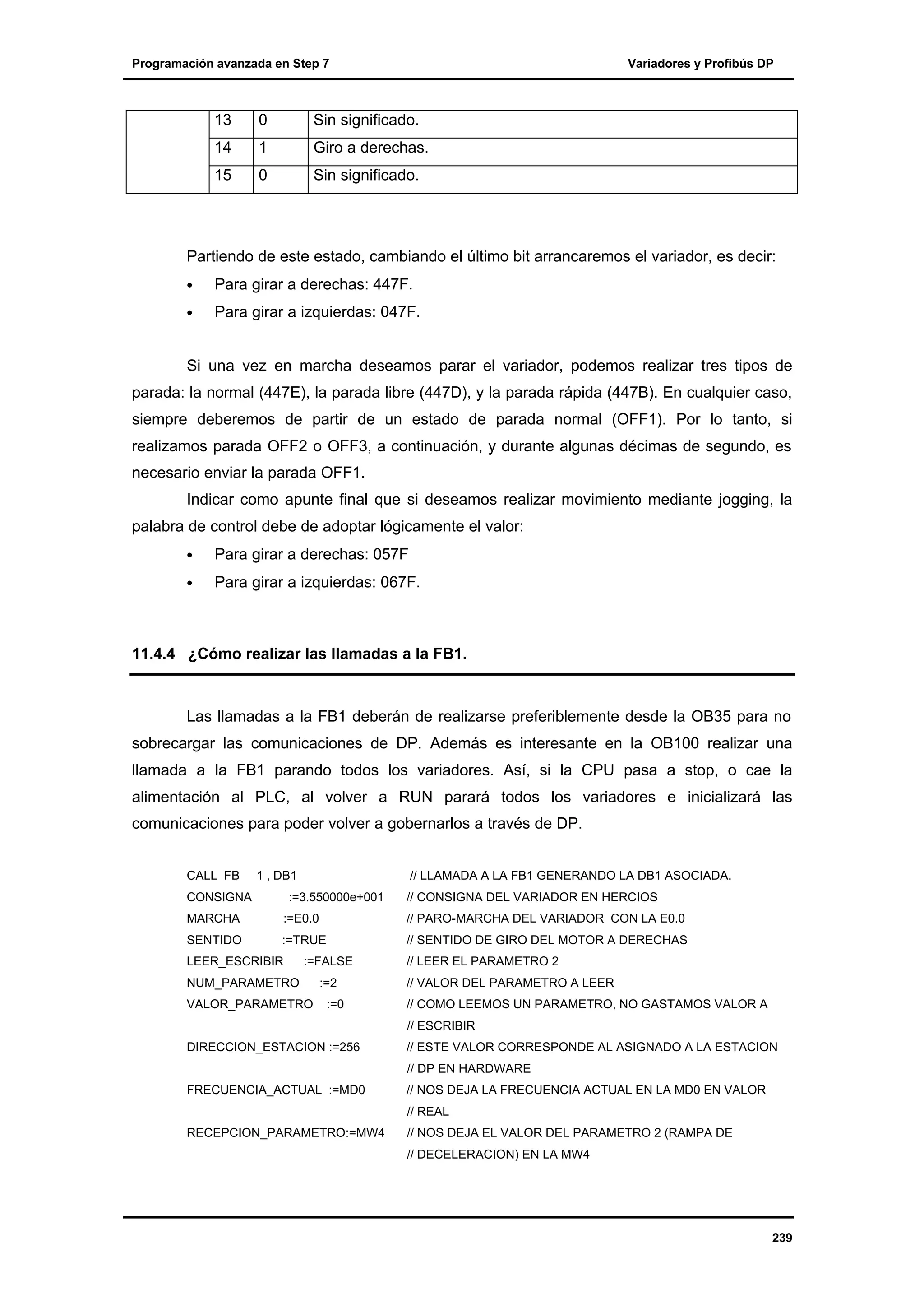 Programación avanzada en Step 7

Variadores y Profibús DP

13

0

Sin significado.

14

1

Giro a derechas.

15

0

Sin significado.

Partiendo de este estado, cambiando el último bit arrancaremos el variador, es decir:
•

Para girar a derechas: 447F.

•

Para girar a izquierdas: 047F.

Si una vez en marcha deseamos parar el variador, podemos realizar tres tipos de
parada: la normal (447E), la parada libre (447D), y la parada rápida (447B). En cualquier caso,
siempre deberemos de partir de un estado de parada normal (OFF1). Por lo tanto, si
realizamos parada OFF2 o OFF3, a continuación, y durante algunas décimas de segundo, es
necesario enviar la parada OFF1.
Indicar como apunte final que si deseamos realizar movimiento mediante jogging, la
palabra de control debe de adoptar lógicamente el valor:
•

Para girar a derechas: 057F

•

Para girar a izquierdas: 067F.

11.4.4 ¿Cómo realizar las llamadas a la FB1.

Las llamadas a la FB1 deberán de realizarse preferiblemente desde la OB35 para no
sobrecargar las comunicaciones de DP. Además es interesante en la OB100 realizar una
llamada a la FB1 parando todos los variadores. Así, si la CPU pasa a stop, o cae la
alimentación al PLC, al volver a RUN parará todos los variadores e inicializará las
comunicaciones para poder volver a gobernarlos a través de DP.
CALL FB

1 , DB1

CONSIGNA

// LLAMADA A LA FB1 GENERANDO LA DB1 ASOCIADA.

:=3.550000e+001

// CONSIGNA DEL VARIADOR EN HERCIOS

MARCHA

:=E0.0

// PARO-MARCHA DEL VARIADOR CON LA E0.0

SENTIDO

:=TRUE

// SENTIDO DE GIRO DEL MOTOR A DERECHAS

LEER_ESCRIBIR

:=FALSE

NUM_PARAMETRO
VALOR_PARAMETRO

:=2
:=0

// LEER EL PARAMETRO 2
// VALOR DEL PARAMETRO A LEER
// COMO LEEMOS UN PARAMETRO, NO GASTAMOS VALOR A
// ESCRIBIR

DIRECCION_ESTACION :=256

// ESTE VALOR CORRESPONDE AL ASIGNADO A LA ESTACION
// DP EN HARDWARE

FRECUENCIA_ACTUAL :=MD0

// NOS DEJA LA FRECUENCIA ACTUAL EN LA MD0 EN VALOR
// REAL

RECEPCION_PARAMETRO:=MW4

// NOS DEJA EL VALOR DEL PARAMETRO 2 (RAMPA DE
// DECELERACION) EN LA MW4

239

 