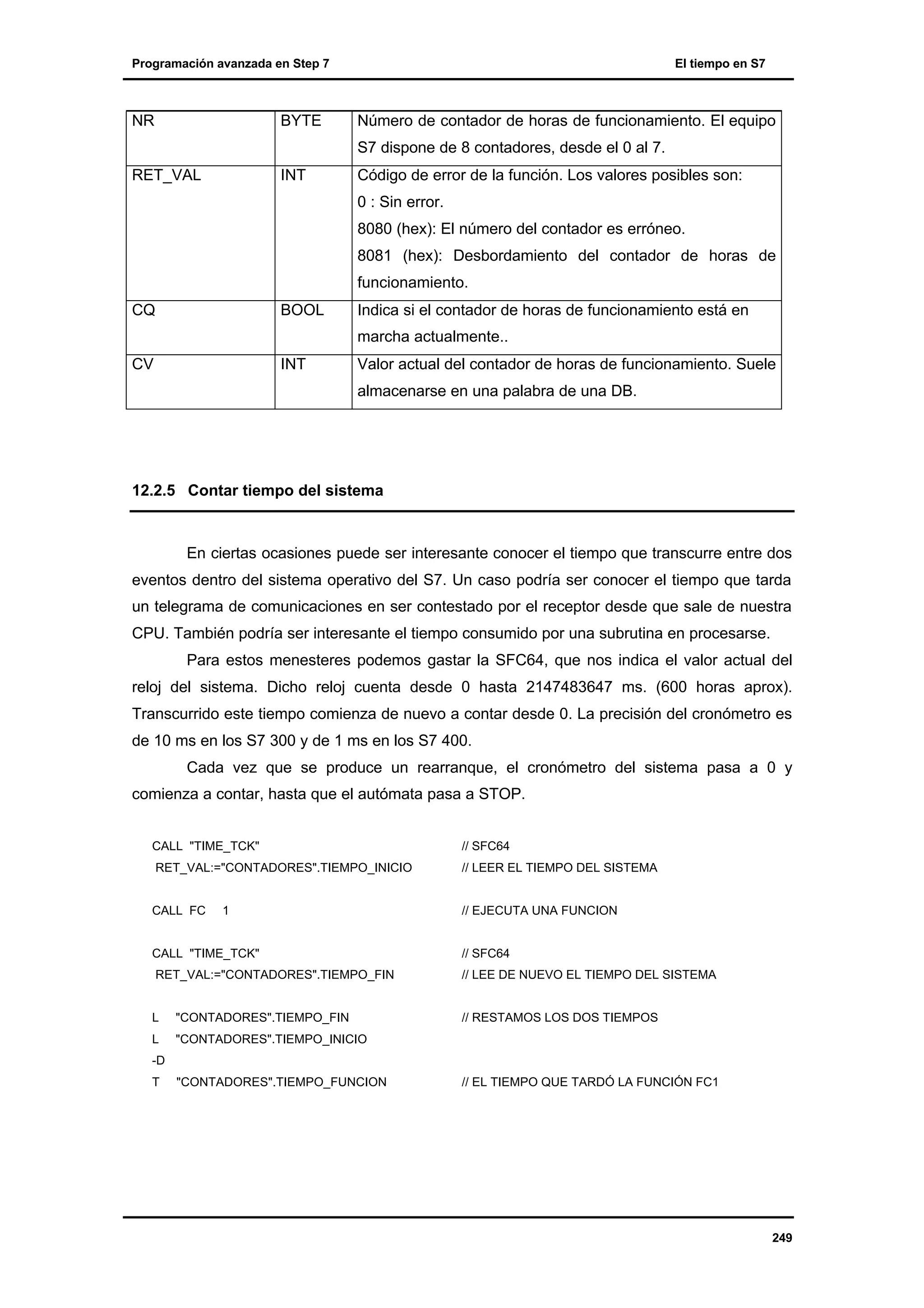 Programación avanzada en Step 7

NR

BYTE

El tiempo en S7

Número de contador de horas de funcionamiento. El equipo
S7 dispone de 8 contadores, desde el 0 al 7.

RET_VAL

INT

Código de error de la función. Los valores posibles son:
0 : Sin error.
8080 (hex): El número del contador es erróneo.
8081 (hex): Desbordamiento del contador de horas de
funcionamiento.

CQ

BOOL

Indica si el contador de horas de funcionamiento está en
marcha actualmente..

CV

INT

Valor actual del contador de horas de funcionamiento. Suele
almacenarse en una palabra de una DB.

12.2.5 Contar tiempo del sistema

En ciertas ocasiones puede ser interesante conocer el tiempo que transcurre entre dos
eventos dentro del sistema operativo del S7. Un caso podría ser conocer el tiempo que tarda
un telegrama de comunicaciones en ser contestado por el receptor desde que sale de nuestra
CPU. También podría ser interesante el tiempo consumido por una subrutina en procesarse.
Para estos menesteres podemos gastar la SFC64, que nos indica el valor actual del
reloj del sistema. Dicho reloj cuenta desde 0 hasta 2147483647 ms. (600 horas aprox).
Transcurrido este tiempo comienza de nuevo a contar desde 0. La precisión del cronómetro es
de 10 ms en los S7 300 y de 1 ms en los S7 400.
Cada vez que se produce un rearranque, el cronómetro del sistema pasa a 0 y
comienza a contar, hasta que el autómata pasa a STOP.
CALL "TIME_TCK"

// SFC64

RET_VAL:="CONTADORES".TIEMPO_INICIO

// LEER EL TIEMPO DEL SISTEMA

CALL FC

// EJECUTA UNA FUNCION

1

CALL "TIME_TCK"

// SFC64

RET_VAL:="CONTADORES".TIEMPO_FIN

// LEE DE NUEVO EL TIEMPO DEL SISTEMA

L

"CONTADORES".TIEMPO_FIN

// RESTAMOS LOS DOS TIEMPOS

L

"CONTADORES".TIEMPO_INICIO

-D
T

"CONTADORES".TIEMPO_FUNCION

// EL TIEMPO QUE TARDÓ LA FUNCIÓN FC1

249

 
