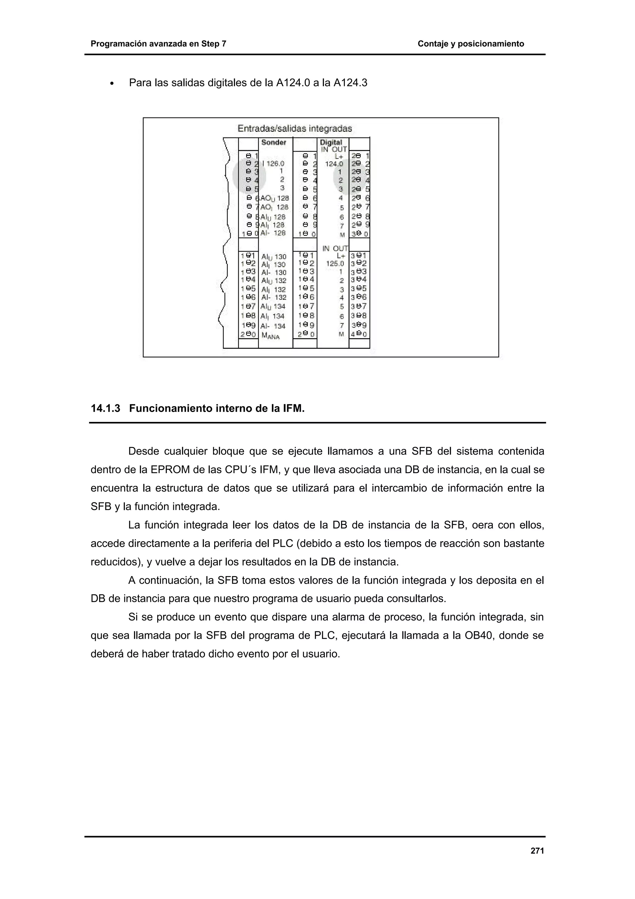 Programación avanzada en Step 7

•

Contaje y posicionamiento

Para las salidas digitales de la A124.0 a la A124.3

14.1.3 Funcionamiento interno de la IFM.

Desde cualquier bloque que se ejecute llamamos a una SFB del sistema contenida
dentro de la EPROM de las CPU´s IFM, y que lleva asociada una DB de instancia, en la cual se
encuentra la estructura de datos que se utilizará para el intercambio de información entre la
SFB y la función integrada.
La función integrada leer los datos de la DB de instancia de la SFB, oera con ellos,
accede directamente a la periferia del PLC (debido a esto los tiempos de reacción son bastante
reducidos), y vuelve a dejar los resultados en la DB de instancia.
A continuación, la SFB toma estos valores de la función integrada y los deposita en el
DB de instancia para que nuestro programa de usuario pueda consultarlos.
Si se produce un evento que dispare una alarma de proceso, la función integrada, sin
que sea llamada por la SFB del programa de PLC, ejecutará la llamada a la OB40, donde se
deberá de haber tratado dicho evento por el usuario.

271

 