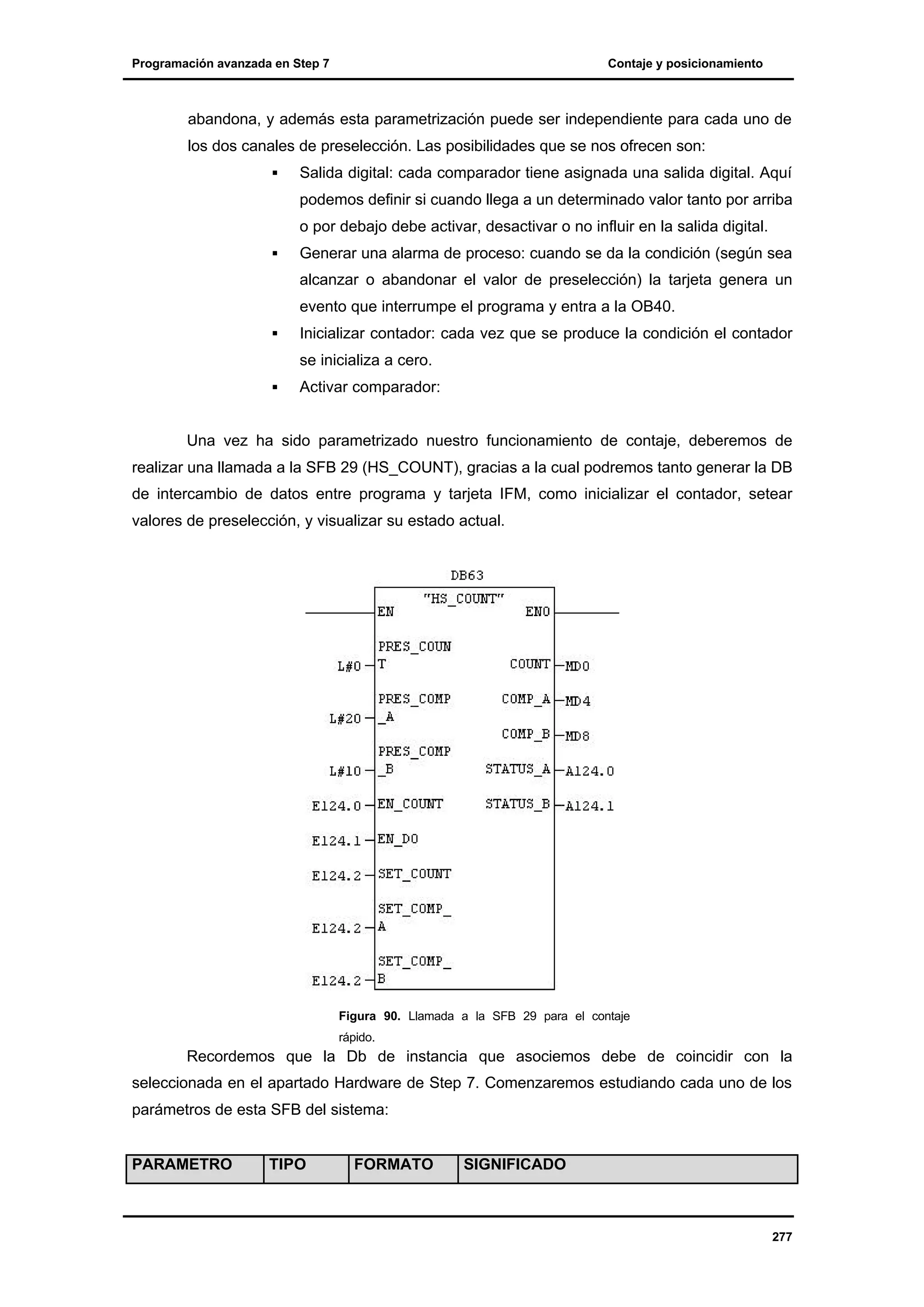Programación avanzada en Step 7

Contaje y posicionamiento

abandona, y además esta parametrización puede ser independiente para cada uno de
los dos canales de preselección. Las posibilidades que se nos ofrecen son:
§

Salida digital: cada comparador tiene asignada una salida digital. Aquí
podemos definir si cuando llega a un determinado valor tanto por arriba
o por debajo debe activar, desactivar o no influir en la salida digital.

§

Generar una alarma de proceso: cuando se da la condición (según sea
alcanzar o abandonar el valor de preselección) la tarjeta genera un
evento que interrumpe el programa y entra a la OB40.

§

Inicializar contador: cada vez que se produce la condición el contador
se inicializa a cero.

§

Activar comparador:

Una vez ha sido parametrizado nuestro funcionamiento de contaje, deberemos de
realizar una llamada a la SFB 29 (HS_COUNT), gracias a la cual podremos tanto generar la DB
de intercambio de datos entre programa y tarjeta IFM, como inicializar el contador, setear
valores de preselección, y visualizar su estado actual.

Figura 90. Llamada a la SFB 29 para el contaje
rápido.

Recordemos que la Db de instancia que asociemos debe de coincidir con la
seleccionada en el apartado Hardware de Step 7. Comenzaremos estudiando cada uno de los
parámetros de esta SFB del sistema:

PARAMETRO

TIPO

FORMATO

SIGNIFICADO

277

 