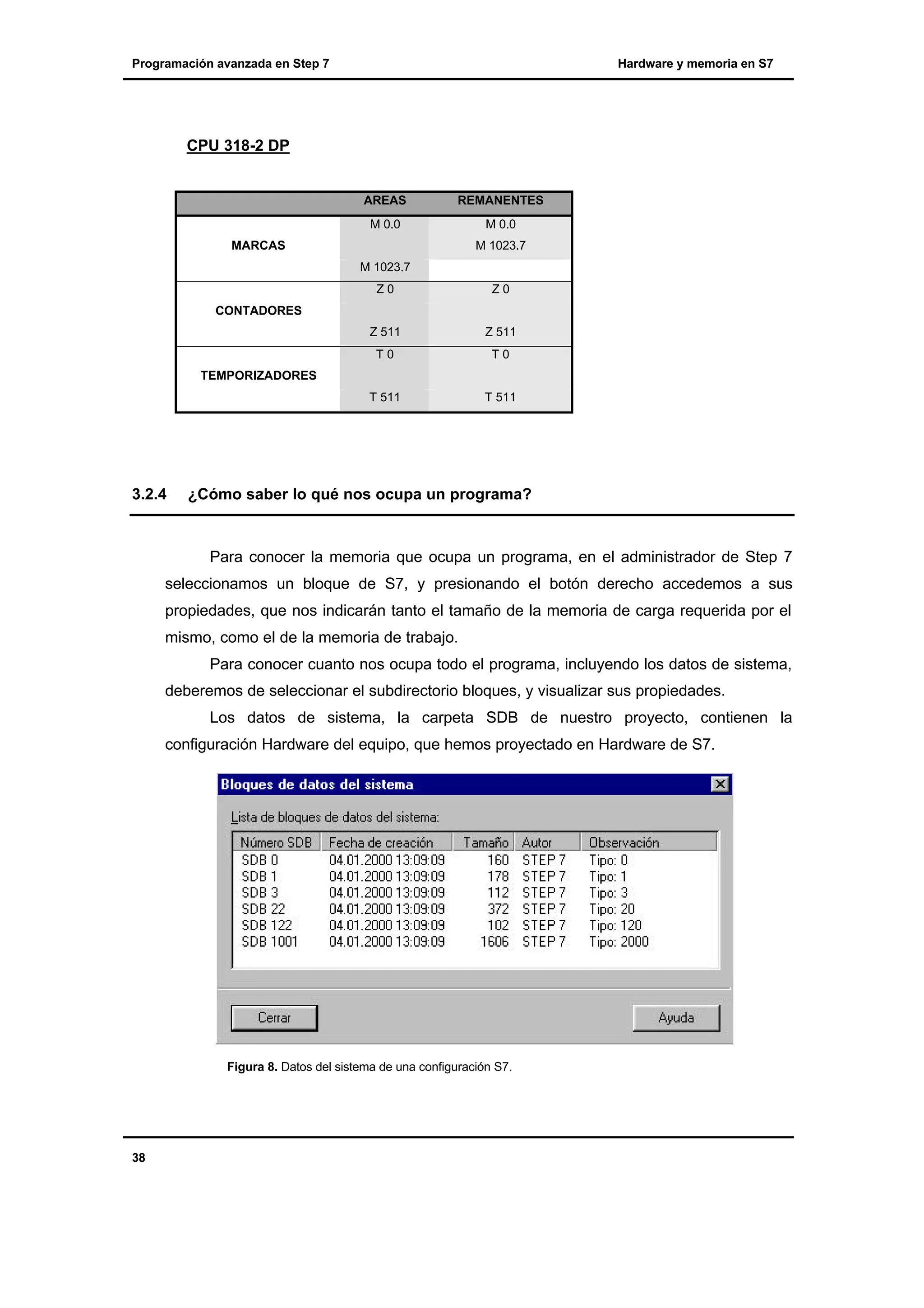 Programación avanzada en Step 7

Hardware y memoria en S7

CPU 318-2 DP

AREAS

REMANENTES

M 0.0

M 0.0

MARCAS

M 1023.7
M 1023.7
Z0

Z0

Z 511

Z 511

T0

T0

T 511

T 511

CONTADORES

TEMPORIZADORES

3.2.4

¿Cómo saber lo qué nos ocupa un programa?

Para conocer la memoria que ocupa un programa, en el administrador de Step 7
seleccionamos un bloque de S7, y presionando el botón derecho accedemos a sus
propiedades, que nos indicarán tanto el tamaño de la memoria de carga requerida por el
mismo, como el de la memoria de trabajo.
Para conocer cuanto nos ocupa todo el programa, incluyendo los datos de sistema,
deberemos de seleccionar el subdirectorio bloques, y visualizar sus propiedades.
Los datos de sistema, la carpeta SDB de nuestro proyecto, contienen la
configuración Hardware del equipo, que hemos proyectado en Hardware de S7.

Figura 8. Datos del sistema de una configuración S7.

38

 