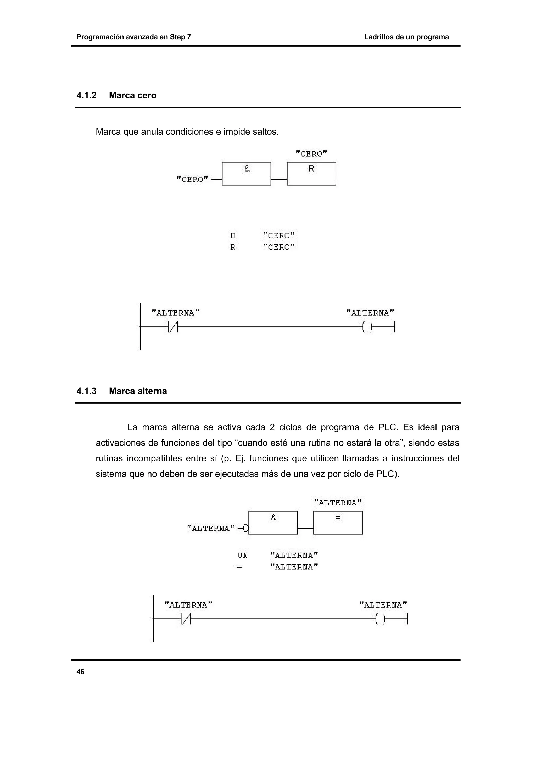 Programación avanzada en Step 7

4.1.2

Ladrillos de un programa

Marca cero

Marca que anula condiciones e impide saltos.

4.1.3

Marca alterna

La marca alterna se activa cada 2 ciclos de programa de PLC. Es ideal para
activaciones de funciones del tipo “cuando esté una rutina no estará la otra”, siendo estas
rutinas incompatibles entre sí (p. Ej. funciones que utilicen llamadas a instrucciones del
sistema que no deben de ser ejecutadas más de una vez por ciclo de PLC).

46

 