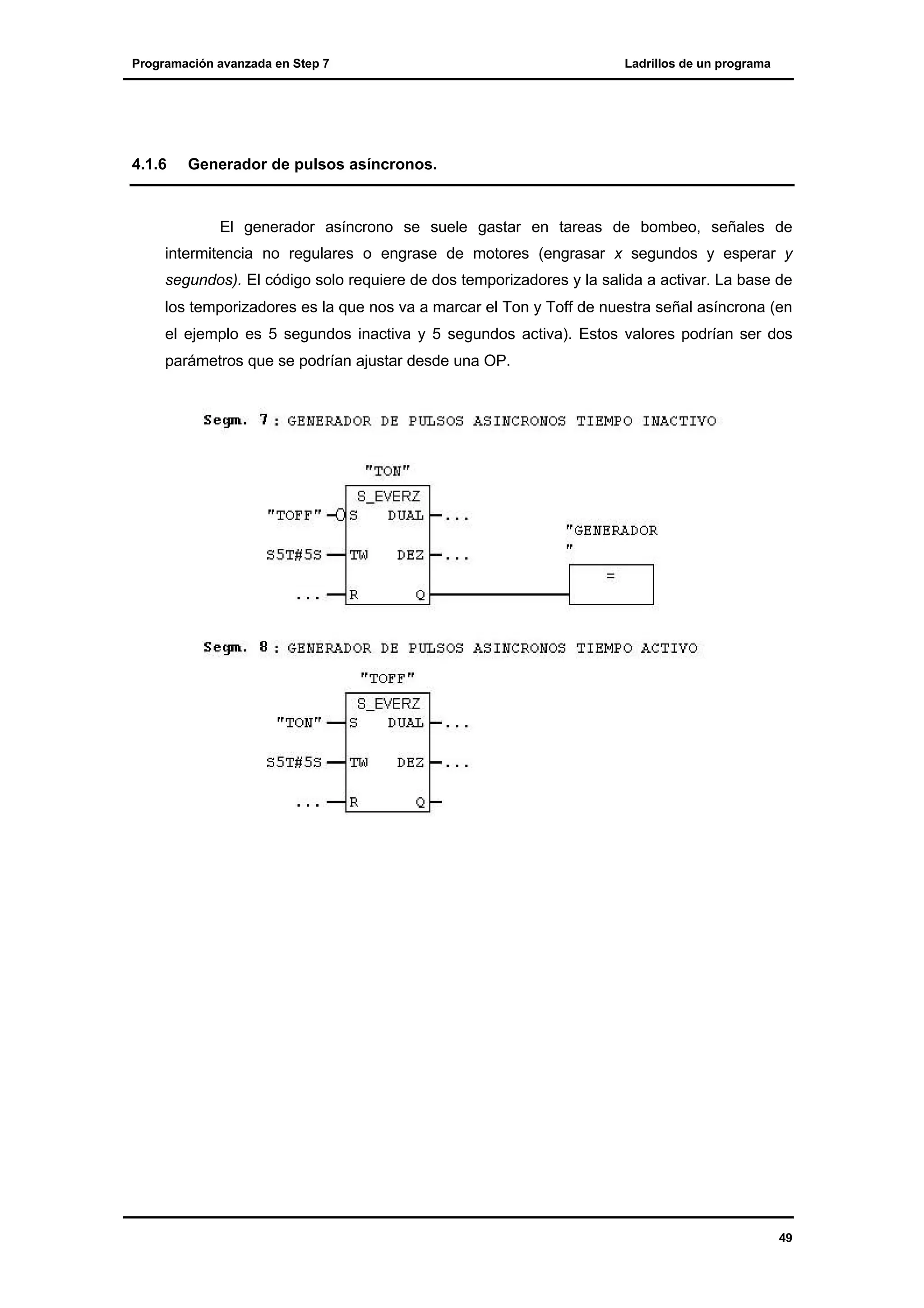 Programación avanzada en Step 7

4.1.6

Ladrillos de un programa

Generador de pulsos asíncronos.

El generador asíncrono se suele gastar en tareas de bombeo, señales de
intermitencia no regulares o engrase de motores (engrasar x segundos y esperar y
segundos). El código solo requiere de dos temporizadores y la salida a activar. La base de
los temporizadores es la que nos va a marcar el Ton y Toff de nuestra señal asíncrona (en
el ejemplo es 5 segundos inactiva y 5 segundos activa). Estos valores podrían ser dos
parámetros que se podrían ajustar desde una OP.

49

 