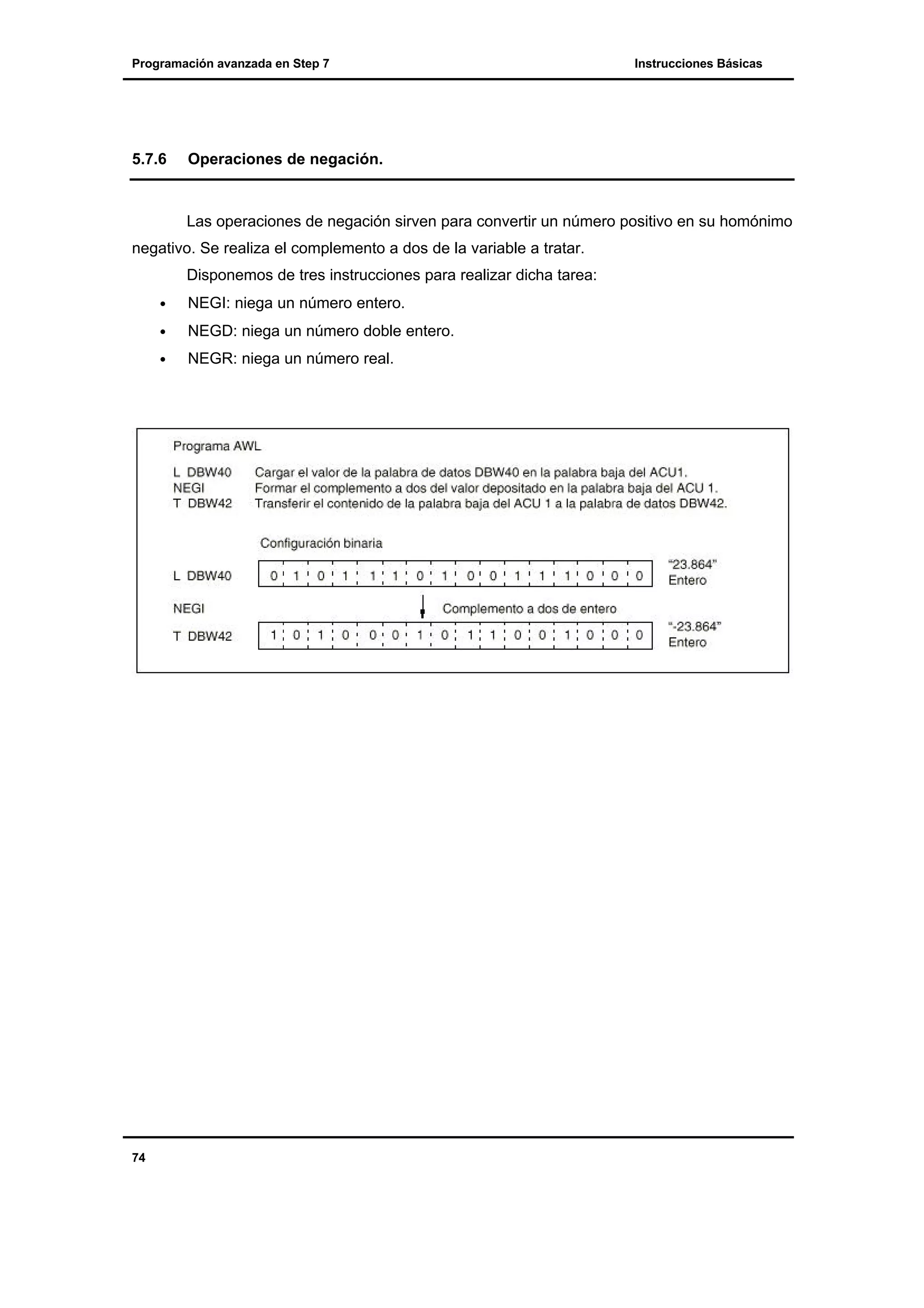 Programación avanzada en Step 7

5.7.6

Instrucciones Básicas

Operaciones de negación.

Las operaciones de negación sirven para convertir un número positivo en su homónimo
negativo. Se realiza el complemento a dos de la variable a tratar.
Disponemos de tres instrucciones para realizar dicha tarea:
•
•

NEGD: niega un número doble entero.

•

74

NEGI: niega un número entero.

NEGR: niega un número real.

 
