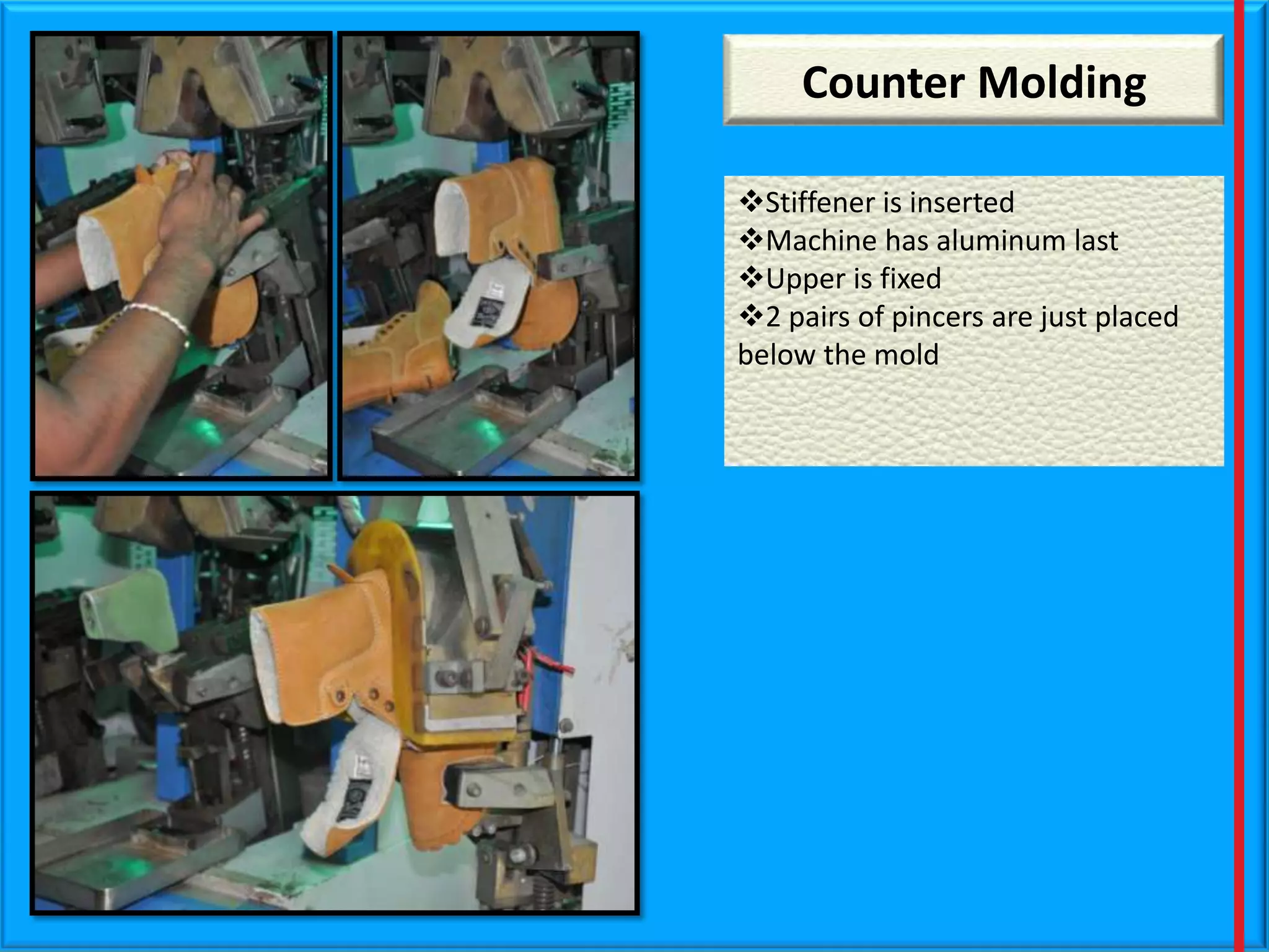 Counter Molding
Stiffener is inserted
Machine has aluminum last
Upper is fixed
2 pairs of pincers are just placed
below the mold

 
