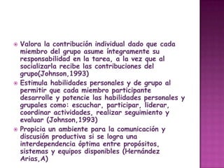    Valora la contribución individual dado que cada
    miembro del grupo asume íntegramente su
    responsabilidad en la tarea, a la vez que al
    socializarla recibe las contribuciones del
    grupo(Johnson,1993)
   Estimula habilidades personales y de grupo al
    permitir que cada miembro participante
    desarrolle y potencie las habilidades personales y
    grupales como: escuchar, participar, liderar,
    coordinar actividades, realizar seguimiento y
    evaluar (Johnson,1993)
   Propicia un ambiente para la comunicación y
    discusión productiva si se logra una
    interdependencia óptima entre propósitos,
    sistemas y equipos disponibles (Hernández
    Arias,A)
 