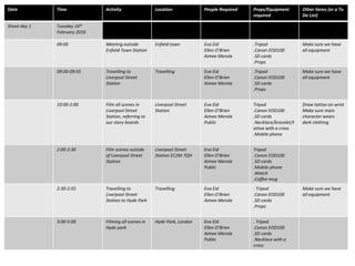 Date Time Activity Location People Required Props/Equipment
required
Other Items (or a To
Do List)
Shoot day 1 Tuesday 16th
February 2016
09:00 Meeting outside
Enfield Town Station
Enfield town Eva Eid
Ellen O’Brien
Aimee Merola
.Tripod
.Canon EOD100
.SD cards
.Props
Make sure we have
all equipment
09:00-09:55 Travelling to
Liverpool Street
Station
Travelling Eva Eid
Ellen O’Brien
Aimee Merola
.Tripod
.Canon EOD100
.SD cards
.Props
Make sure we have
all equipment
10:00-2:00 Film all scenes in
Liverpool Street
Station, referring to
our story boards
Liverpool Street
Station
Eva Eid
Ellen O’Brien
Aimee Merola
Public
Tripod
.Canon EOD100
.SD cards
.Necklace/bracelet/t
attoo with a cross
.Mobile phone
Draw tattoo on wrist
Make sure main
character wears
dark clothing
2:00-2:30 Film scenes outside
of Liverpool Street
Station
Liverpool Street
Station EC2M 7QH
Eva Eid
Ellen O’Brien
Aimee Merola
Public
Tripod
.Canon EOD100
.SD cards
.Mobile phone
.Watch
.Coffee mug
2:30-2:55 Travelling to
Liverpool Street
Station to Hyde Park
Travelling Eva Eid
Ellen O’Brien
Aimee Merola
. Tripod
.Canon EOD100
.SD cards
.Props
Make sure we have
all equipment
3:00-5:00 Filming all scenes in
Hyde park
Hyde Park, London Eva Eid
Ellen O’Brien
Aimee Merola
Public
. Tripod
.Canon EOD100
.SD cards
.Necklace with a
cross
 