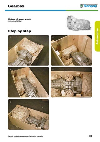 23
Step by step
Ranpak packaging catalogus - Packaging examples
Automotive
Gearbox
Meters of paper used:
14.1 meters 70/70 gr
1. 2.
3. 4.
5. 6.
 