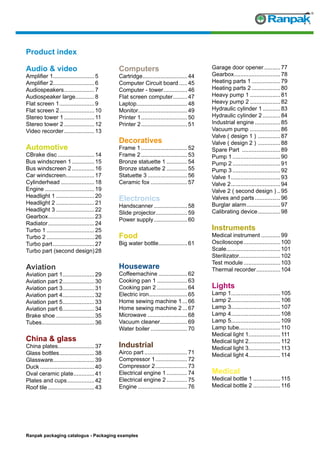 Ranpak packaging catalogus - Packaging examples
Product index
Audio & video
Amplifier 1..........................5
Amplifier 2..........................6
Audiospeakers....................7
Audiospeaker large............8
Flat screen 1.......................9
Flat screen 2.......................10
Stereo tower 1....................11
Stereo tower 2....................12
Video recorder....................13
Automotive
CBrake disc........................14
Bus windscreen 1...............15
Bus windscreen 2...............16
Car windscreen..................17
Cylinderhead......................18
Engine................................19
Headlight 1.........................20
Headlight 2.........................21
Headlight 3.........................22
Gearbox..............................23
Radiator..............................24
Turbo 1...............................25
Turbo 2...............................26
Turbo part...........................27
Turbo part (second design)	28
Aviation
Aviation part 1.....................29
Aviation part 2.....................30
Aviation part 3.....................31
Aviation part 4.....................32
Aviation part 5.....................33
Aviation part 6.....................34
Brake shoe.........................35
Tubes..................................36
China & glass
China plates.......................37
Glass bottles.......................38
Glassware..........................39
Duck...................................40
Oval ceramic plate..............41
Plates and cups..................42
Roof tile..............................43
Computers
Cartridge.............................44
Computer Circuit board......45
Computer - tower................46
Flat screen computer..........47
Laptop................................48
Monitor...............................49
Printer 1..............................50
Printer 2..............................51
Decoratives
Frame 1..............................52
Frame 2..............................53
Bronze statuette 1..............54
Bronze statuette 2..............55
Statuette 3..........................56
Ceramic fox........................57
Electronics
Handscanner......................58
Slide projector....................59
Power supply......................60
Food
Big water bottle...................61
Houseware
Coffeemachine...................62
Cooking pan 1....................63
Cooking pan 2....................64
Electric iron.........................65
Home sewing machine 1....66
Home sewing machine 2....67
Microwave..........................68
Vacuum cleaner..................69
Water boiler........................70
Industrial
Airco part............................71
Compressor 1.....................72
Compressor 2.....................73
Electrical engine 1..............74
Electrical engine 2..............75
Engine................................76
Garage door opener...........77
Gearbox..............................78
Heating parts 1...................79
Heating parts 2...................80
Heavy pump 1....................81
Heavy pump 2....................82
Hydraulic cylinder 1............83
Hydraulic cylinder 2............84
Industrial engine.................85
Vacuum pump ....................86
Valve ( design 1 ) ...............87
Valve ( design 2 ) ...............88
Spare Part .........................89
Pump 1...............................90
Pump 2...............................91
Pump 3...............................92
Valve 1................................93
Valve 2................................94
Valve 2 ( second design )...95
Valves and parts.................96
Burglar alarm......................97
Calibrating device...............98
Instruments
Medical instrument.............99
Osciloscope........................100
Scale..................................101
Sterilizator..........................102
Test module........................103
Thermal recorder................104
Lights
Lamp 1...............................105
Lamp 2...............................106
Lamp 3...............................107
Lamp 4...............................108
Lamp 5...............................109
Lamp tube..........................110
Medical light 1....................111
Medical light 2....................112
Medical light 3....................113
Medical light 4....................114
Medical
Medical bottle 1..................115
Medical bottle 2..................116
 
