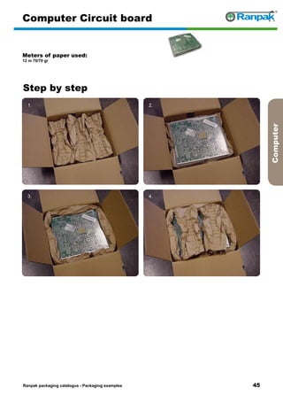 45
Step by step
Ranpak packaging catalogus - Packaging examples
Computer
Computer Circuit board
Meters of paper used:
12 m 70/70 gr
1. 2.
3. 4.
5. 6.
 