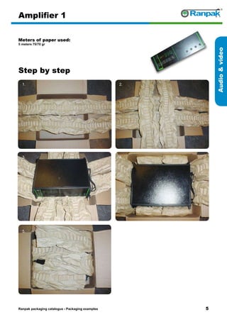 Step by step
Ranpak packaging catalogus - Packaging examples
Audiovideo
Amplifier 1
Meters of paper used:
5 meters 70/70 gr
1. 2.
3. 4.
5. 6.
 