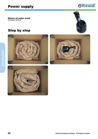 60
Step by step
Ranpak packaging catalogus - Packaging examples
Electronics
Power supply
Meters of paper used:
3.6 meters 70/70 gr
1. 2.
3. 4.
5. 6.
 