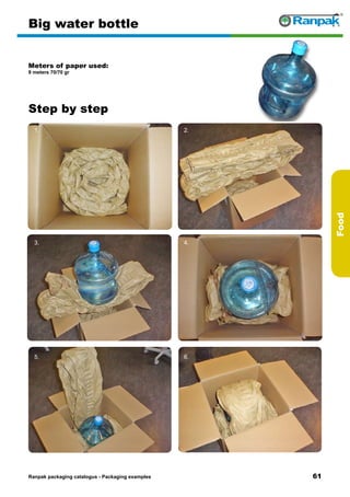 61
Step by step
Ranpak packaging catalogus - Packaging examples
Food
Big water bottle
Meters of paper used:
9 meters 70/70 gr
1. 2.
3. 4.
5. 6.
 