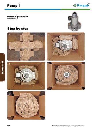 90
Step by step
Ranpak packaging catalogus - Packaging examples
Industrial
Pump 1
Meters of paper used:
7 meters 70/70 gr
1. 2.
3. 4.
5. 6.
 