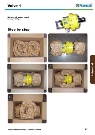 93
Step by step
Ranpak packaging catalogus - Packaging examples
Industrial
Valve 1
Meters of paper used:
8.5 meters 70/70 gr
1. 2.
3. 4.
5. 6.
 