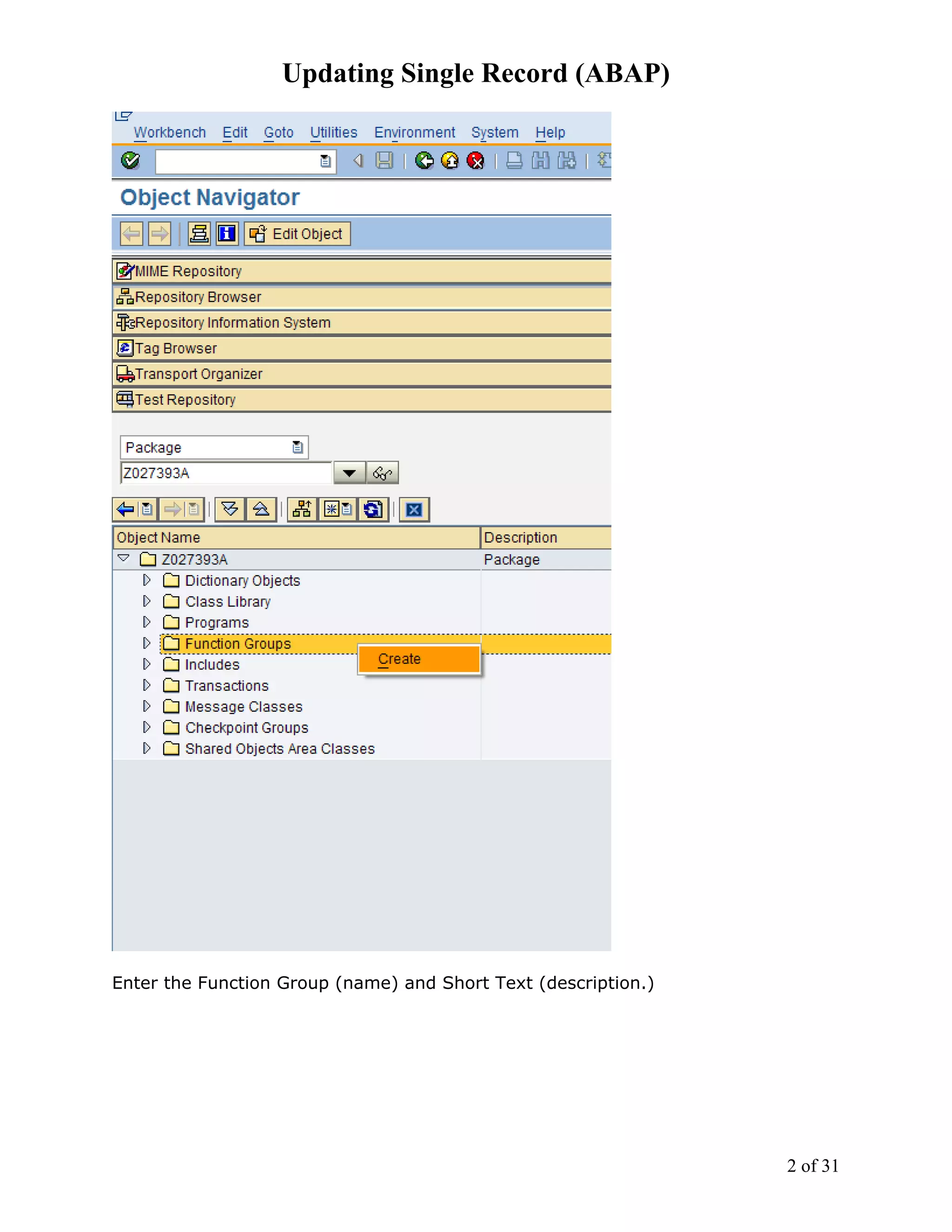 Updating Single Record (ABAP)




Enter the Function Group (name) and Short Text (description.)




                                                                2 of 31
 