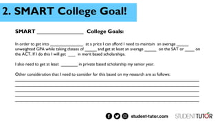 2. SMART College Goal!
SMART _________________ College Goals:
In order to get into ______________ at a price I can afford I need to maintain an average _____
unweighted GPA while taking classes of _____ and get at least an average _____ on the SAT or ____ on
the ACT. If I do this I will get ___ in merit based scholarships.
I also need to get at least _______ in private based scholarship my senior year.
Other consideration that I need to consider for this based on my research are as follows:
______________________________________________________________________________
______________________________________________________________________________
______________________________________________________________________________
______________________________________________________________________________
______________________________________________________________________________
 