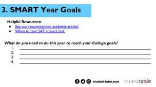 3. SMART Year Goals
What do you need to do this year to reach your College goals?
1. _____________________________________________________________
2. _____________________________________________________________
3. _____________________________________________________________
4. _____________________________________________________________
Helpful Resources:
● See our recommended academic tracks!
● When to take SAT subject test.
 