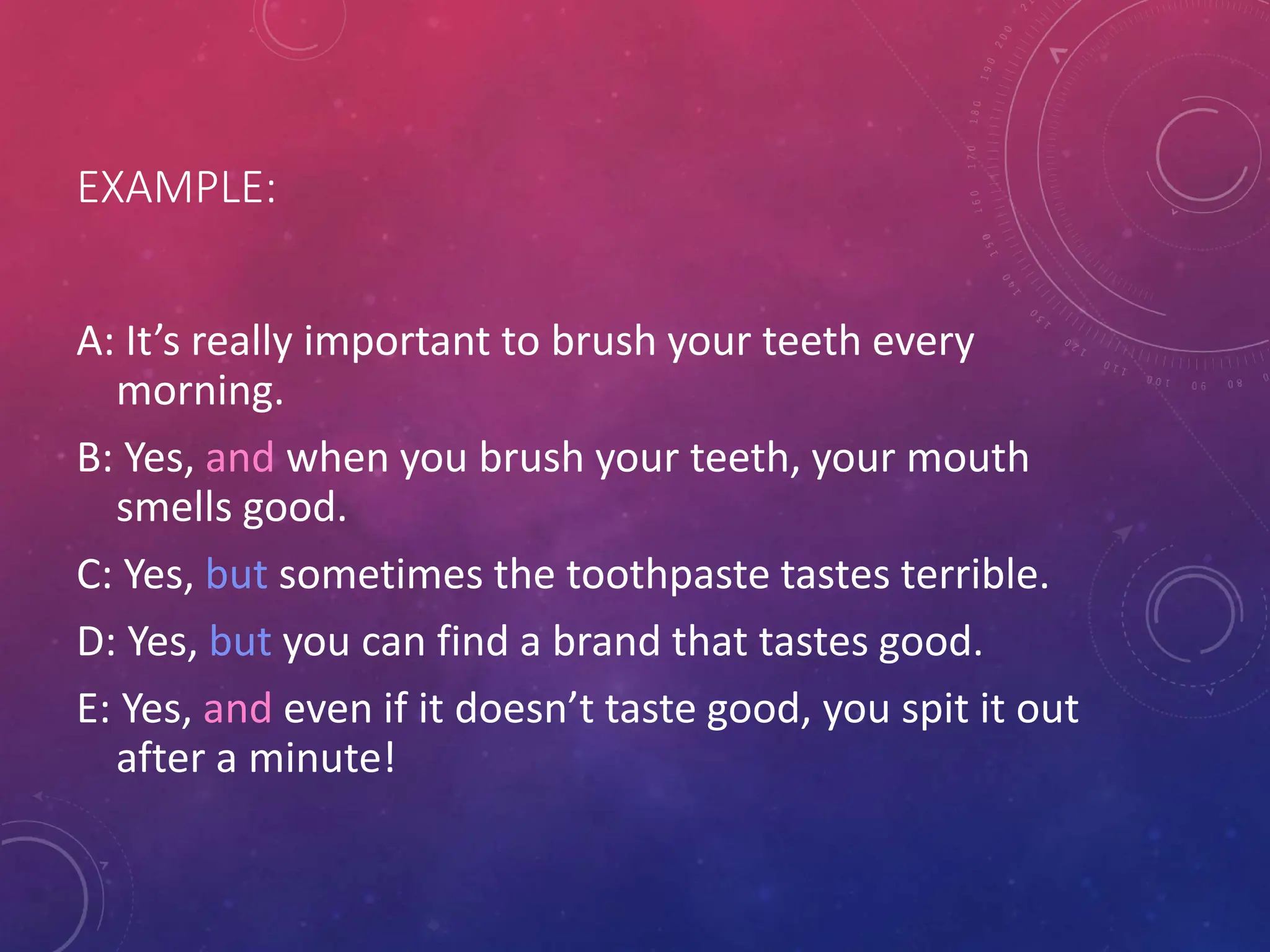 EXAMPLE:
A: It’s really important to brush your teeth every
morning.
B: Yes, and when you brush your teeth, your mouth
smells good.
C: Yes, but sometimes the toothpaste tastes terrible.
D: Yes, but you can find a brand that tastes good.
E: Yes, and even if it doesn’t taste good, you spit it out
after a minute!
 
