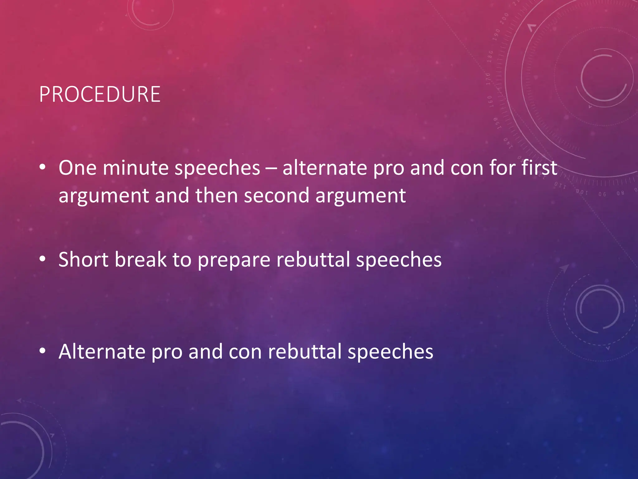 PROCEDURE
• One minute speeches – alternate pro and con for first
argument and then second argument
• Short break to prepare rebuttal speeches
• Alternate pro and con rebuttal speeches
 