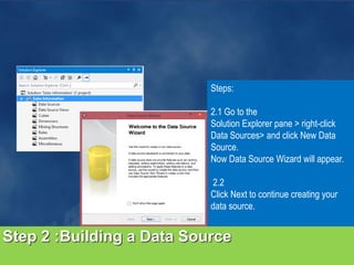Step 2 :Building a Data Source
Steps:
2.1 Go to the
Solution Explorer pane > right-click
Data Sources> and click New Data
Source.
Now Data Source Wizard will appear.
2.2
Click Next to continue creating your
data source.
 