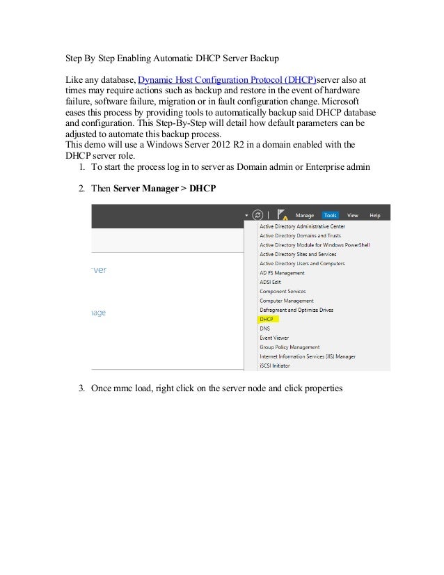 Step by step enabling automatic dhcp server backup