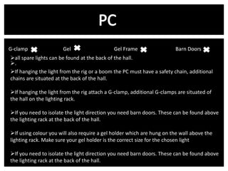 G-clamp v
Gel v
Gel Frame
Barn Doors v
all spare lights can be found at the back of the hall.
.
If hanging the light from the rig or a boom the PC must have a safety chain, additional
chains are situated at the back of the hall.
If hanging the light from the rig attach a G-clamp, additional G-clamps are situated of
the hall on the lighting rack.

If you need to isolate the light direction you need barn doors. These can be found above
the lighting rack at the back of the hall.
If using colour you will also require a gel holder which are hung on the wall above the
lighting rack. Make sure your gel holder is the correct size for the chosen light

If you need to isolate the light direction you need barn doors. These can be found above
the lighting rack at the back of the hall.

 