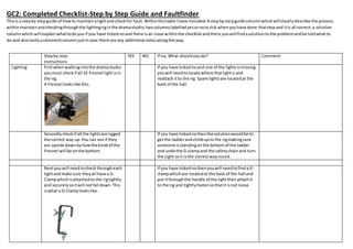 GC2: Completed Checklist-Step by Step Guide and Faultfinder
Thisis a stepby stepguide of howto maintainalightand checkfor fault.Withinthistable Ihave included:A stepbystepguide columnwhichwillclearlydescribe the process
withinmaintainandcheckingthroughthe lightingriginthe dramastudio;twocolumnslabelledyesornoto tick whenyouhave done thatstepand itis all correct;a solution
columnwhichwill explainwhattodoyouif you have tickednoand there isan issue withinthe checklistandthere youwillfindasolutiontothe problemandbe toldwhatto
do and alsolastlyacommentcolumnjustincase there are any additional notesalongthe way.
Stepby step
Instructions
YES NO If no, What shouldyoudo? Comment
Lighting Firstwhenwalkingintothe dramastudio
youmust checkif all 10 Fresnel light isin
the rig.
A Fresnel lookslike this.
If you have tickednoand one of the lightsismissing
youwill needtolocate where thatlightisand
reattach itto the rig. Spare lightsare locatedat the
back of the hall.
Secondly checkif all the lightsare rigged
the correct way up.You can see if they
are upside downbyhowthe knobof the
Fresnel will be onthe bottom.
If you have tickednothenthe solutionwouldbe to
getthe ladderandclimbupto the rigmakingsure
someone isstandingonthe bottomof the ladder
and undothe G-clampand the safetychainand turn
the Light soit isthe correct wayround.
Nextyouwill needtocheck througheach
lightandmake sure theyall have a G-
Clampwhichisattachedto the rigtightly
and securelysoitwill notfall down.This
iswhat a G-Clamplookslike.
If you have tickednothenyouwill needtofinda G-
clampwhichare locatedat the back of the hall and
put itthroughthe handle of the lightthenattachit
to the rig and tightlyfastensothatit isnot loose
 