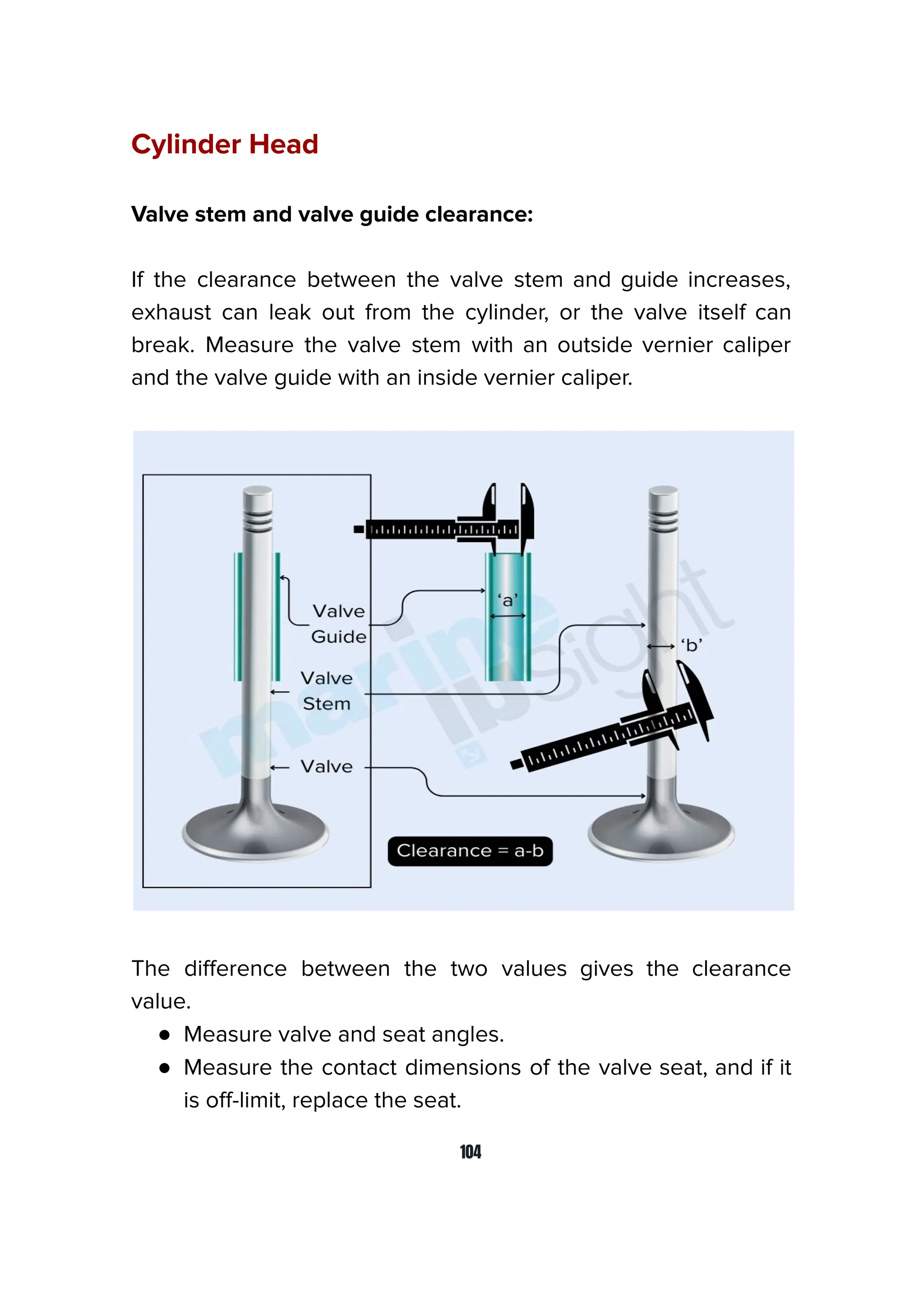 Cylinder Head
Valve stem and valve guide clearance:
If the clearance between the valve stem and guide increases,
exhaust can leak out from the cylinder, or the valve itself can
break. Measure the valve stem with an outside vernier caliper
and the valve guide with an inside vernier caliper.
The diﬀerence between the two values gives the clearance
value.
● Measure valve and seat angles.
● Measure the contact dimensions of the valve seat, and if it
is oﬀ-limit, replace the seat.
104
 