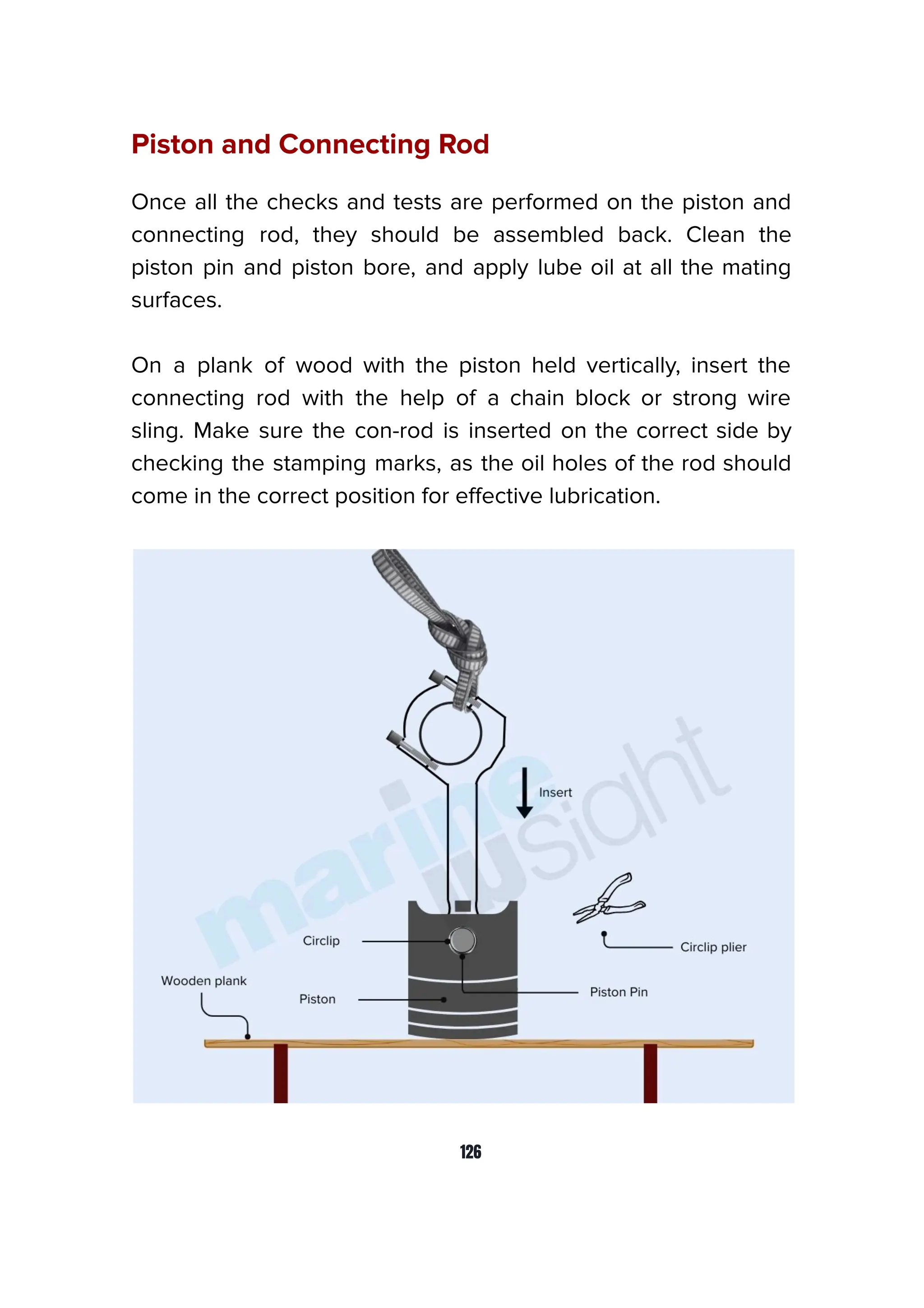 Piston and Connecting Rod
Once all the checks and tests are performed on the piston and
connecting rod, they should be assembled back. Clean the
piston pin and piston bore, and apply lube oil at all the mating
surfaces.
On a plank of wood with the piston held vertically, insert the
connecting rod with the help of a chain block or strong wire
sling. Make sure the con-rod is inserted on the correct side by
checking the stamping marks, as the oil holes of the rod should
come in the correct position for eﬀective lubrication.
126
 