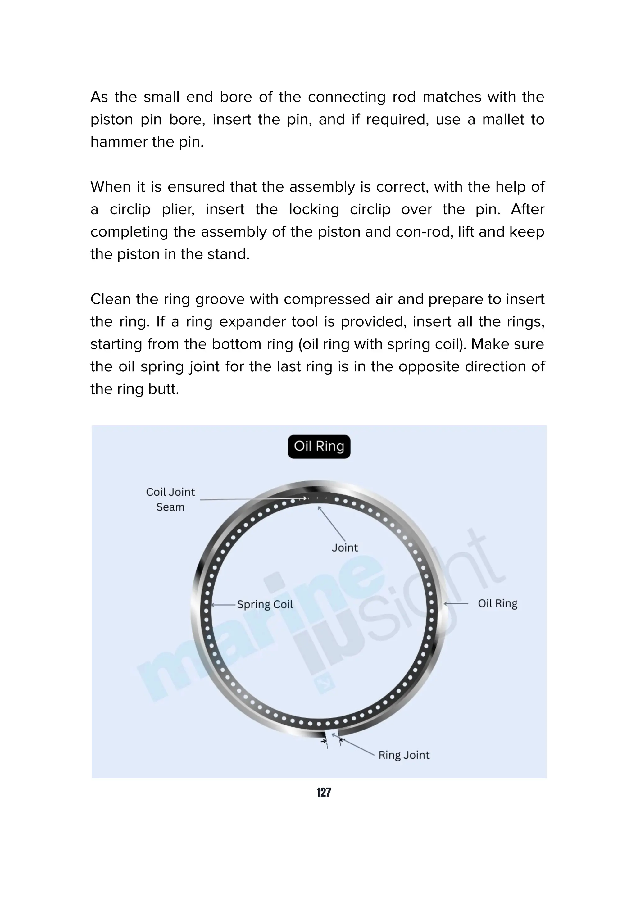 As the small end bore of the connecting rod matches with the
piston pin bore, insert the pin, and if required, use a mallet to
hammer the pin.
When it is ensured that the assembly is correct, with the help of
a circlip plier, insert the locking circlip over the pin. After
completing the assembly of the piston and con-rod, lift and keep
the piston in the stand.
Clean the ring groove with compressed air and prepare to insert
the ring. If a ring expander tool is provided, insert all the rings,
starting from the bottom ring (oil ring with spring coil). Make sure
the oil spring joint for the last ring is in the opposite direction of
the ring butt.
127
 