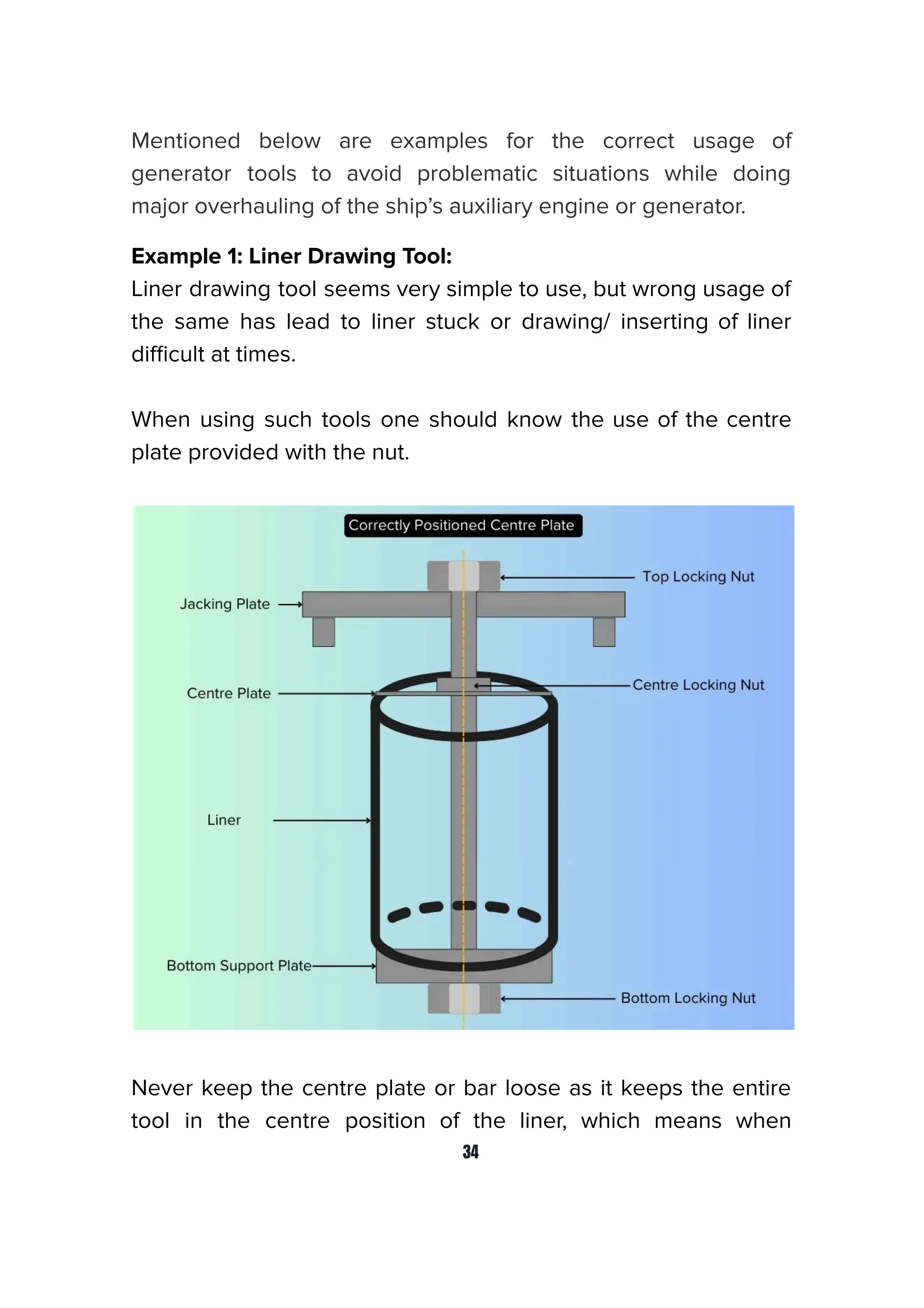 Mentioned below are examples for the correct usage of
generator tools to avoid problematic situations while doing
major overhauling of the ship’s auxiliary engine or generator.
Example 1: Liner Drawing Tool:
Liner drawing tool seems very simple to use, but wrong usage of
the same has lead to liner stuck or drawing/ inserting of liner
diﬃcult at times.
When using such tools one should know the use of the centre
plate provided with the nut.
Never keep the centre plate or bar loose as it keeps the entire
tool in the centre position of the liner, which means when
34
 