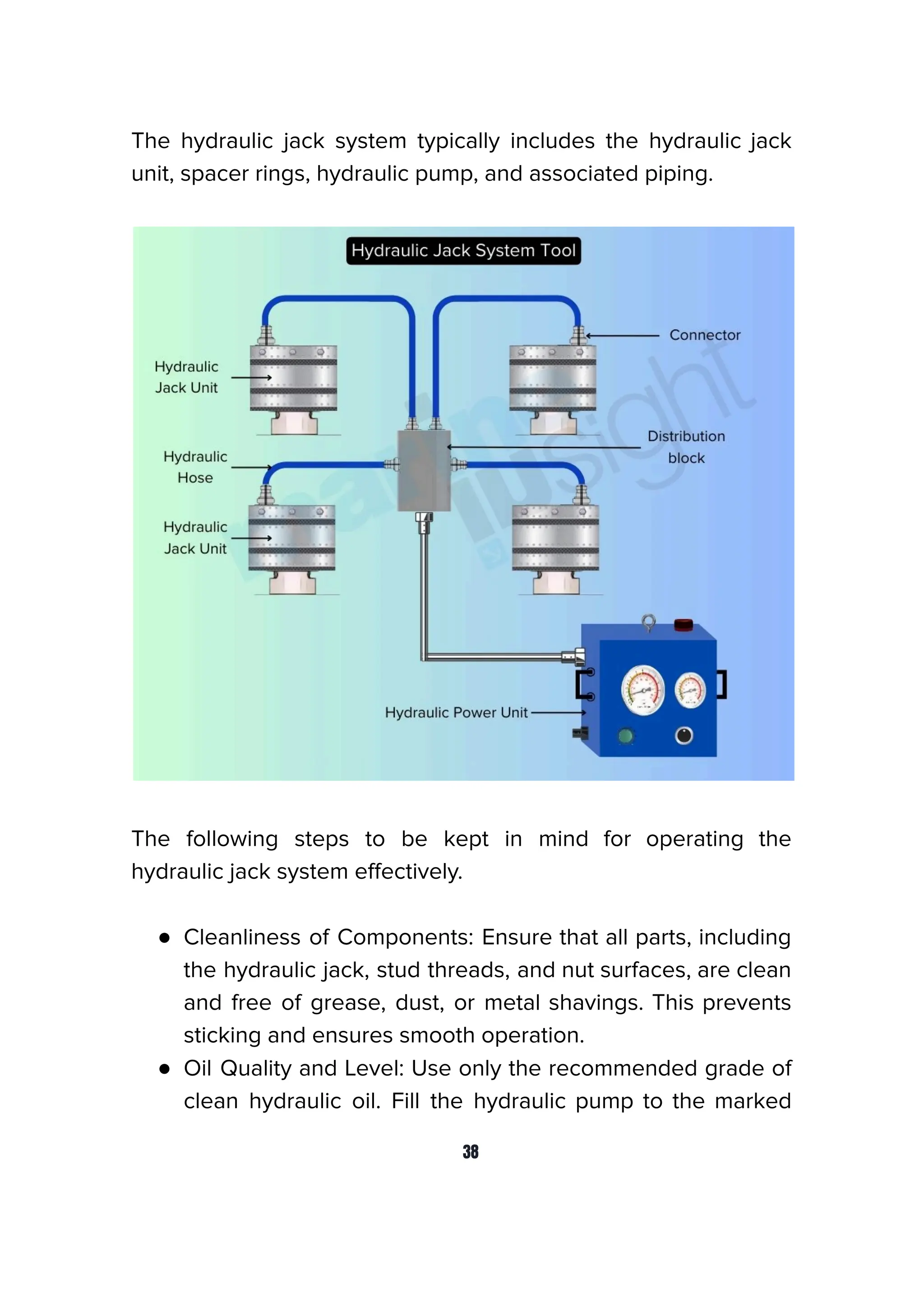 The hydraulic jack system typically includes the hydraulic jack
unit, spacer rings, hydraulic pump, and associated piping.
The following steps to be kept in mind for operating the
hydraulic jack system eﬀectively.
● Cleanliness of Components: Ensure that all parts, including
the hydraulic jack, stud threads, and nut surfaces, are clean
and free of grease, dust, or metal shavings. This prevents
sticking and ensures smooth operation.
● Oil Quality and Level: Use only the recommended grade of
clean hydraulic oil. Fill the hydraulic pump to the marked
38
 