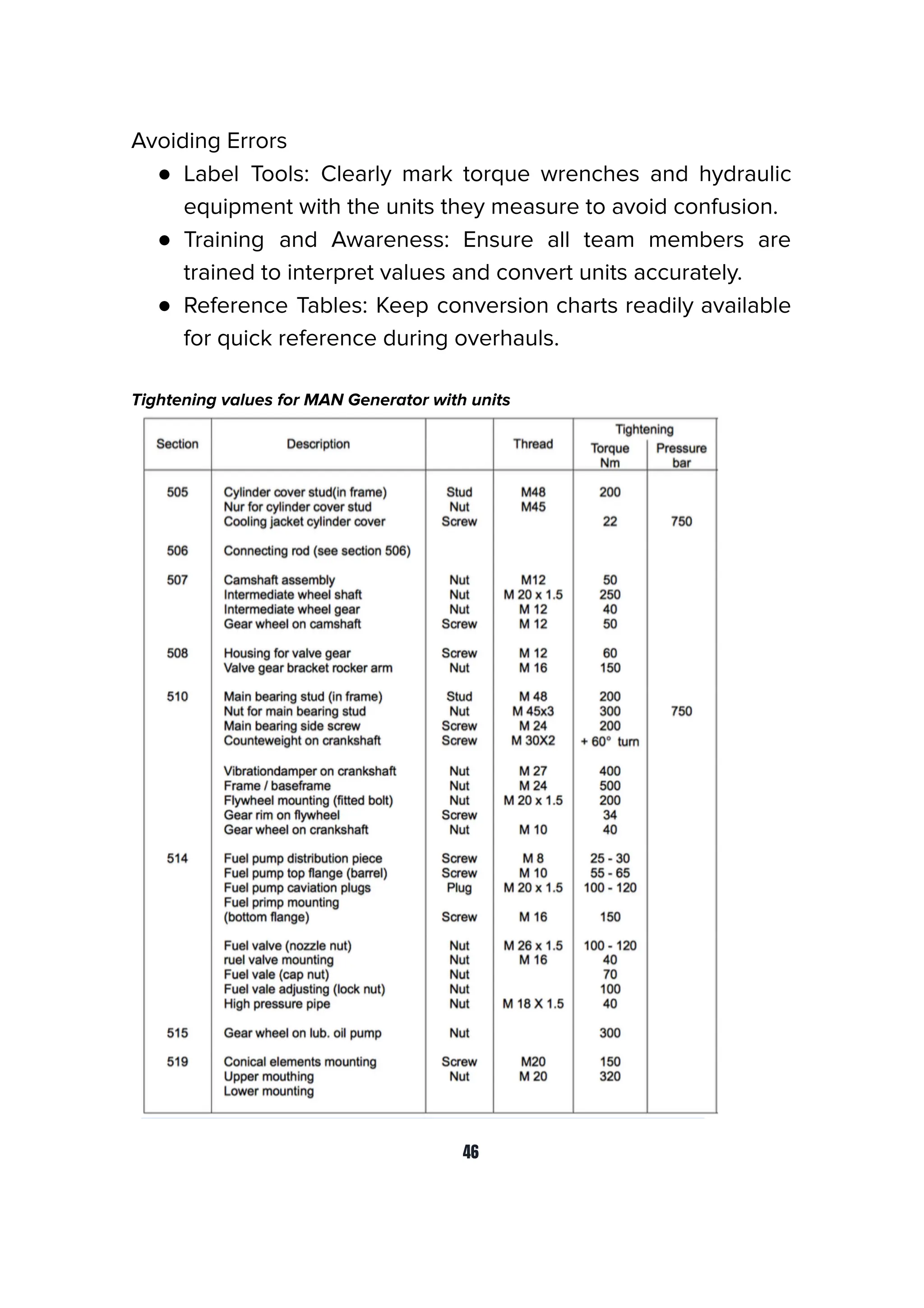 Avoiding Errors
● Label Tools: Clearly mark torque wrenches and hydraulic
equipment with the units they measure to avoid confusion.
● Training and Awareness: Ensure all team members are
trained to interpret values and convert units accurately.
● Reference Tables: Keep conversion charts readily available
for quick reference during overhauls.
Tightening values for MAN Generator with units
46
 