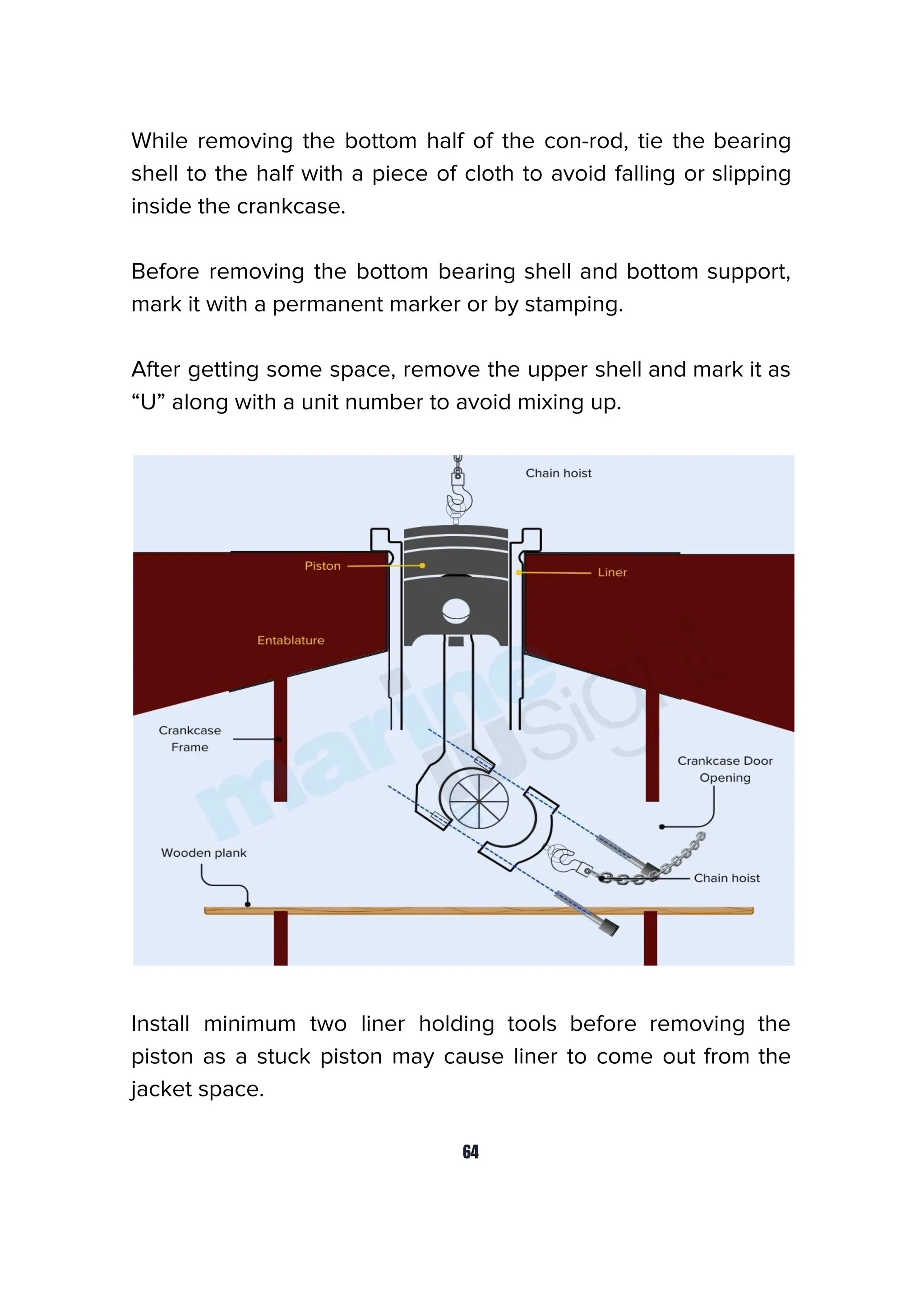 While removing the bottom half of the con-rod, tie the bearing
shell to the half with a piece of cloth to avoid falling or slipping
inside the crankcase.
Before removing the bottom bearing shell and bottom support,
mark it with a permanent marker or by stamping.
After getting some space, remove the upper shell and mark it as
“U” along with a unit number to avoid mixing up.
Install minimum two liner holding tools before removing the
piston as a stuck piston may cause liner to come out from the
jacket space.
64
 