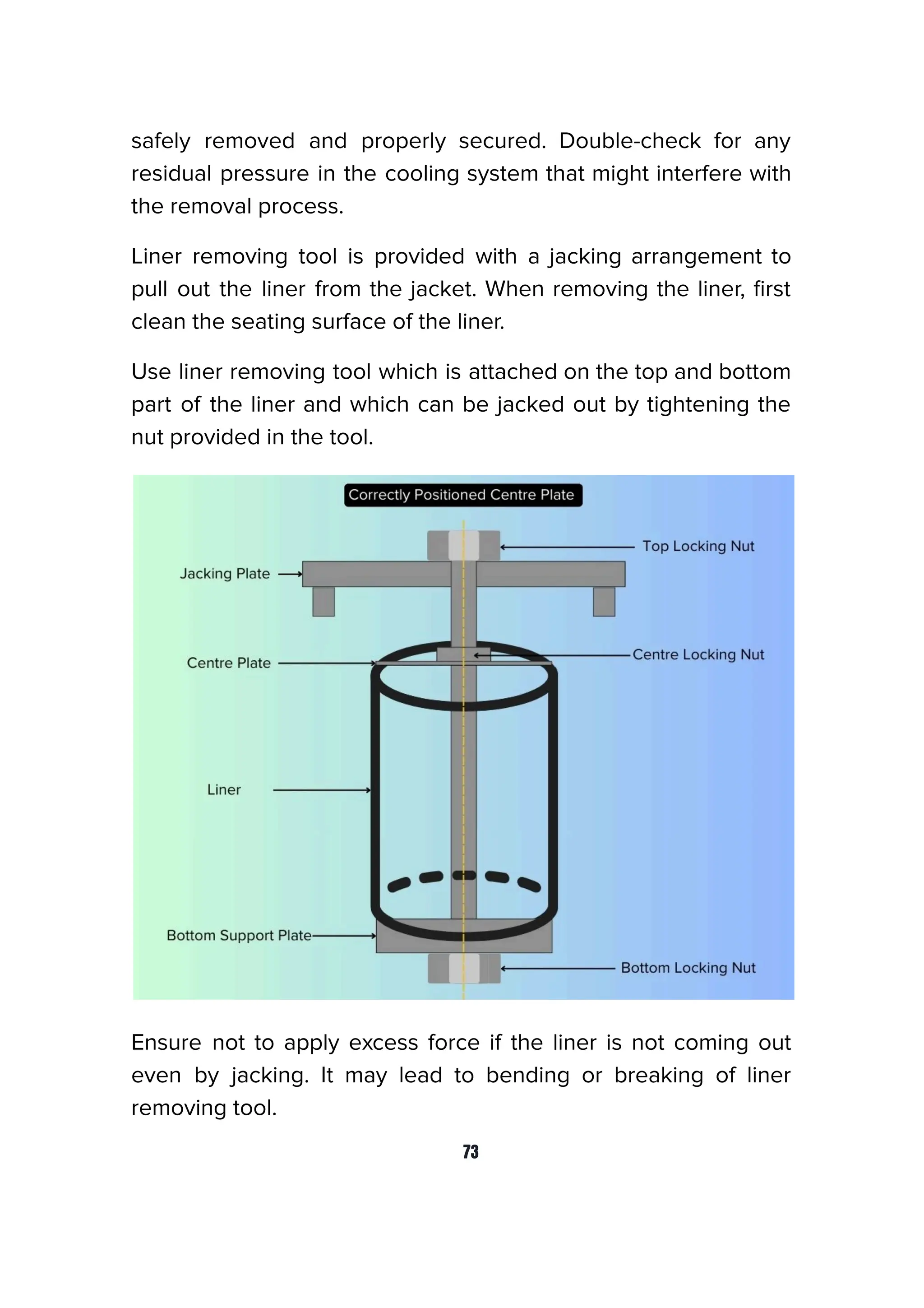 safely removed and properly secured. Double-check for any
residual pressure in the cooling system that might interfere with
the removal process.
Liner removing tool is provided with a jacking arrangement to
pull out the liner from the jacket. When removing the liner, ﬁrst
clean the seating surface of the liner.
Use liner removing tool which is attached on the top and bottom
part of the liner and which can be jacked out by tightening the
nut provided in the tool.
Ensure not to apply excess force if the liner is not coming out
even by jacking. It may lead to bending or breaking of liner
removing tool.
73
 