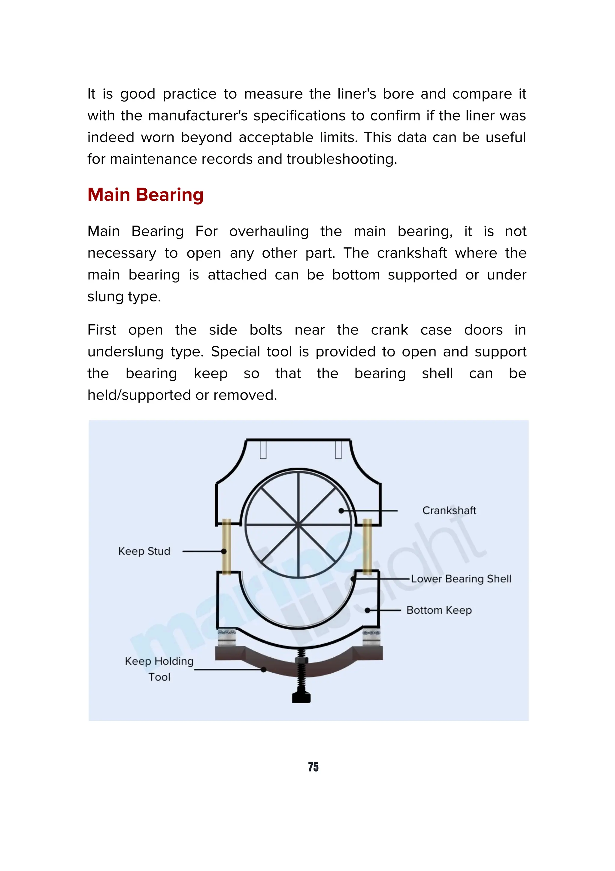 It is good practice to measure the liner's bore and compare it
with the manufacturer's speciﬁcations to conﬁrm if the liner was
indeed worn beyond acceptable limits. This data can be useful
for maintenance records and troubleshooting.
Main Bearing
Main Bearing For overhauling the main bearing, it is not
necessary to open any other part. The crankshaft where the
main bearing is attached can be bottom supported or under
slung type.
First open the side bolts near the crank case doors in
underslung type. Special tool is provided to open and support
the bearing keep so that the bearing shell can be
held/supported or removed.
75
 